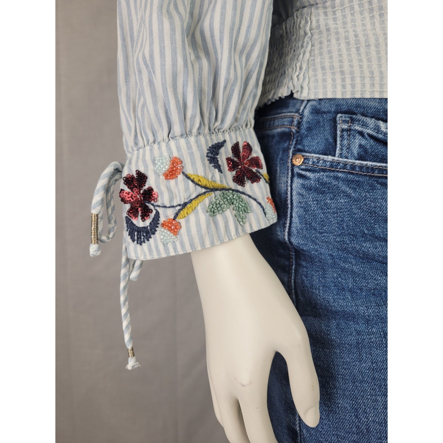 Anthropologie Beaded Bracelet Sleeved Peasant Blouse Blue & White Striped Sz S