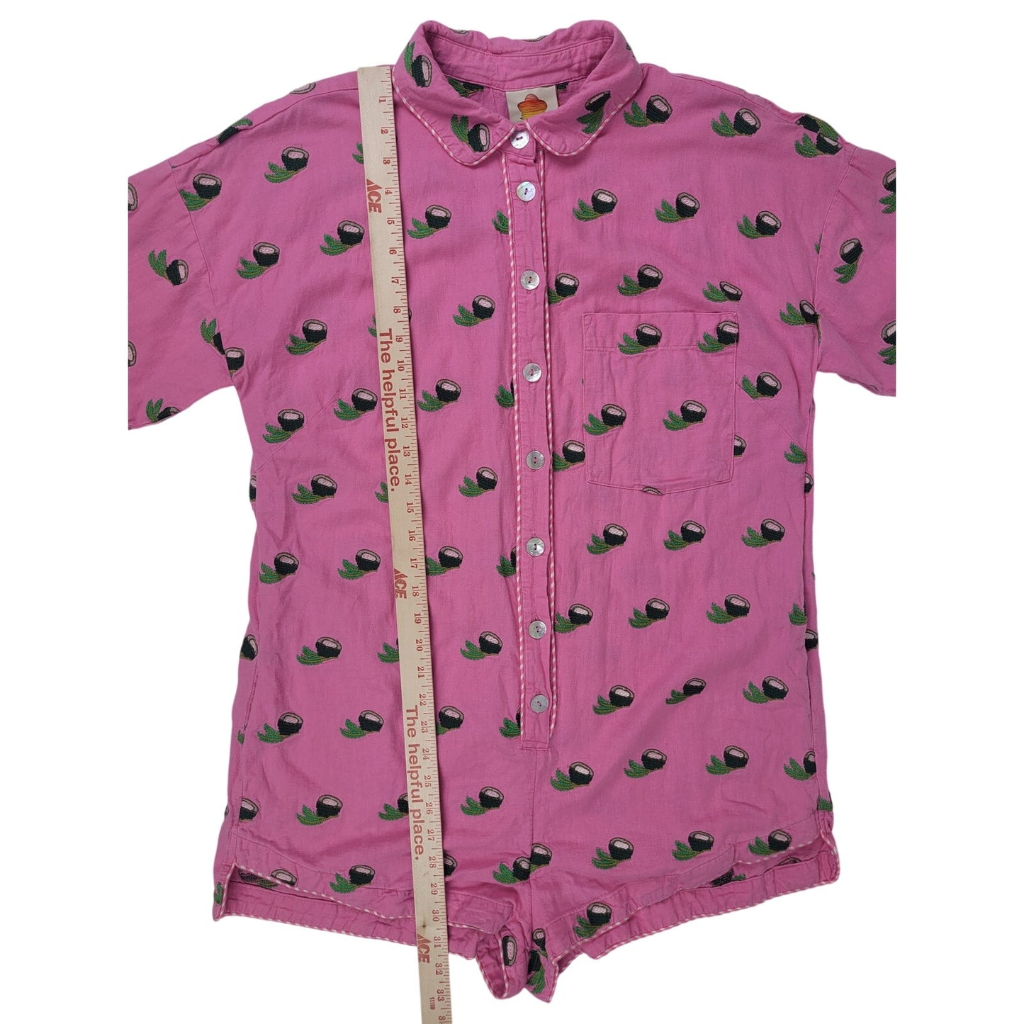 FARM Rio Cross Stitch Coconut Romper Pink Mother-of-Pearl Buttons Sz L