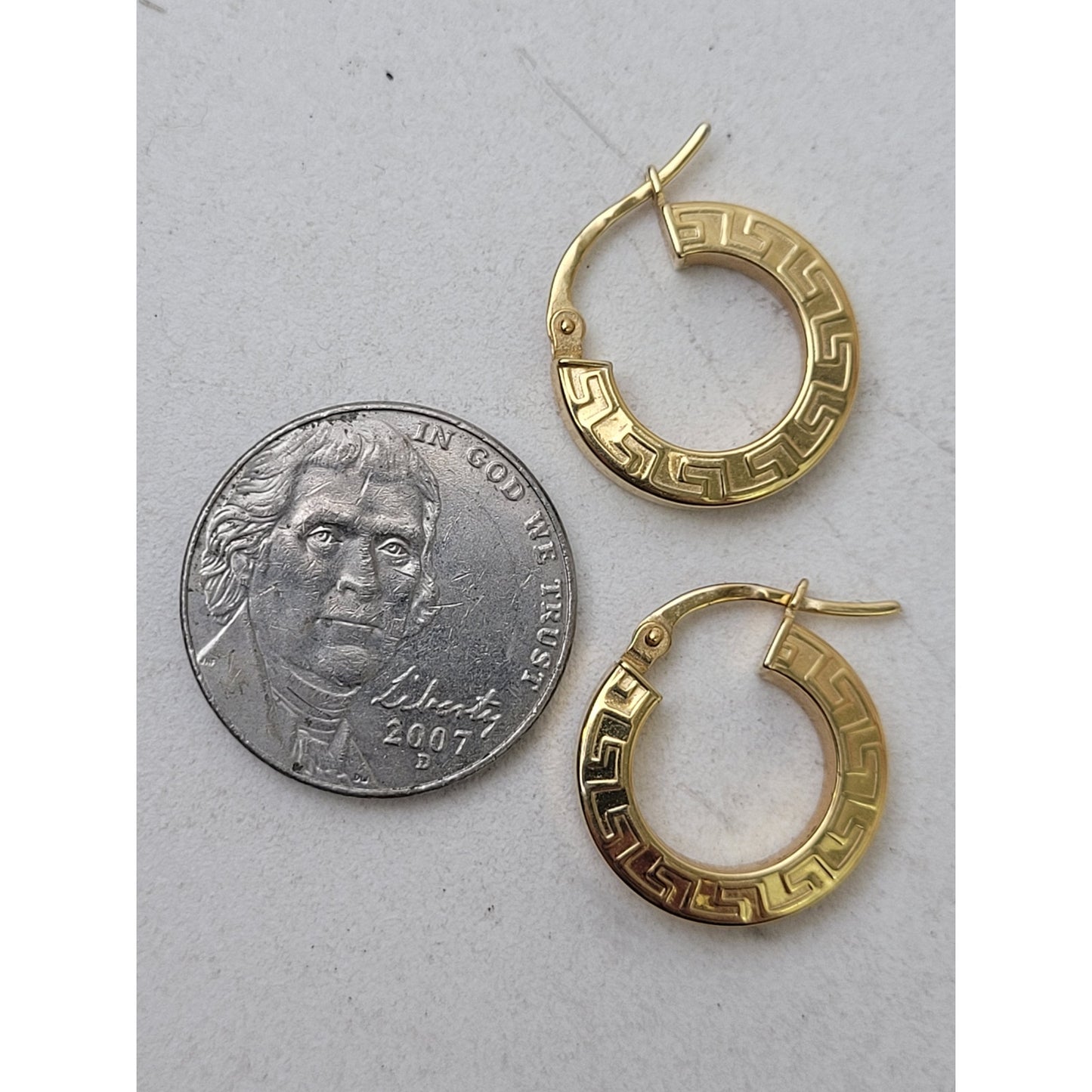 18K Yellow Gold Greek Key Huggie Hoop Earrings Made in Italy | 15mm | 1.61 Grams