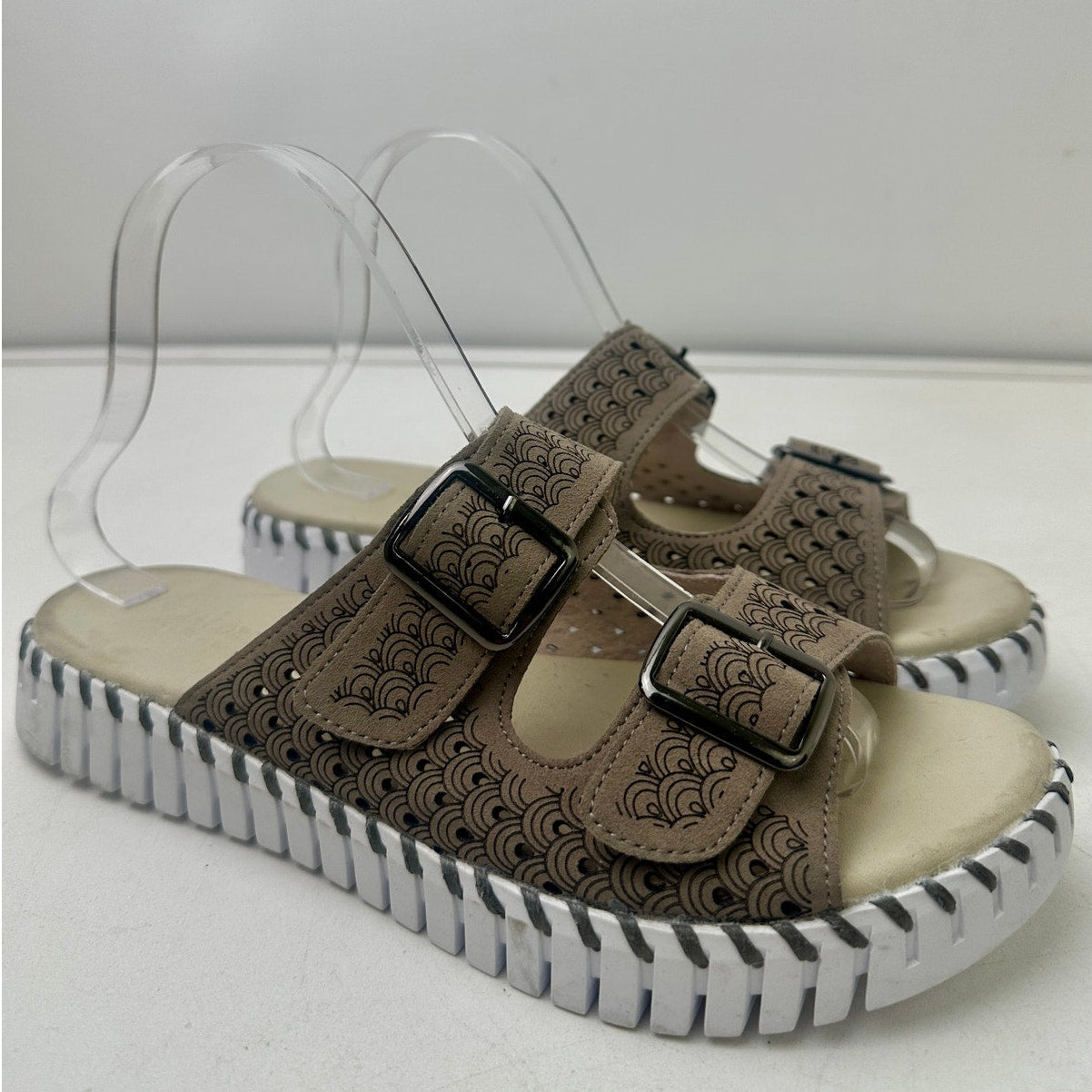 Ilse Jacobsen Tulip 1176 Falcon / Tan Double Buckle Slide Sandals Women's Sz 39 EUC