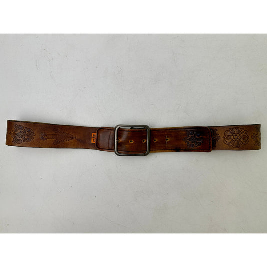 Vintage Levi's Orange Tab Floral Tooled Hand Stained Latigo Leather Belt Sz 34
