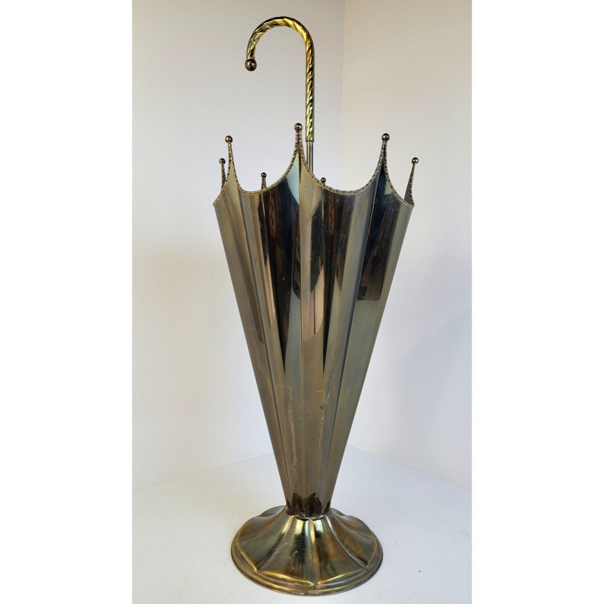 Vintage MCM Hollywood Regency Shaped Brass Plated Weighted Umbrella Stand 29" H