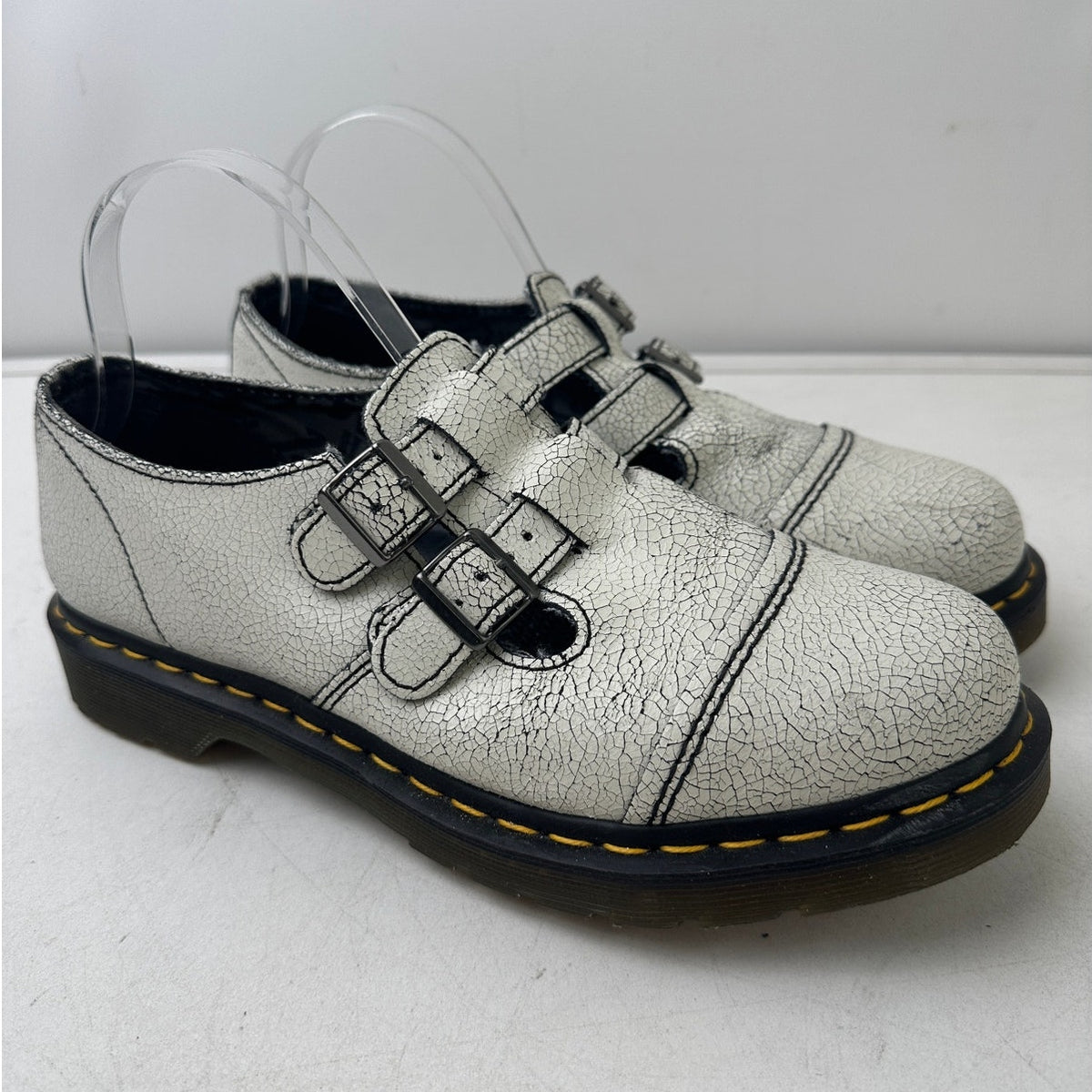 Dr. Martens Susy White Cracked Leather Double Strap Mary Jane Loafers Women's Sz 10