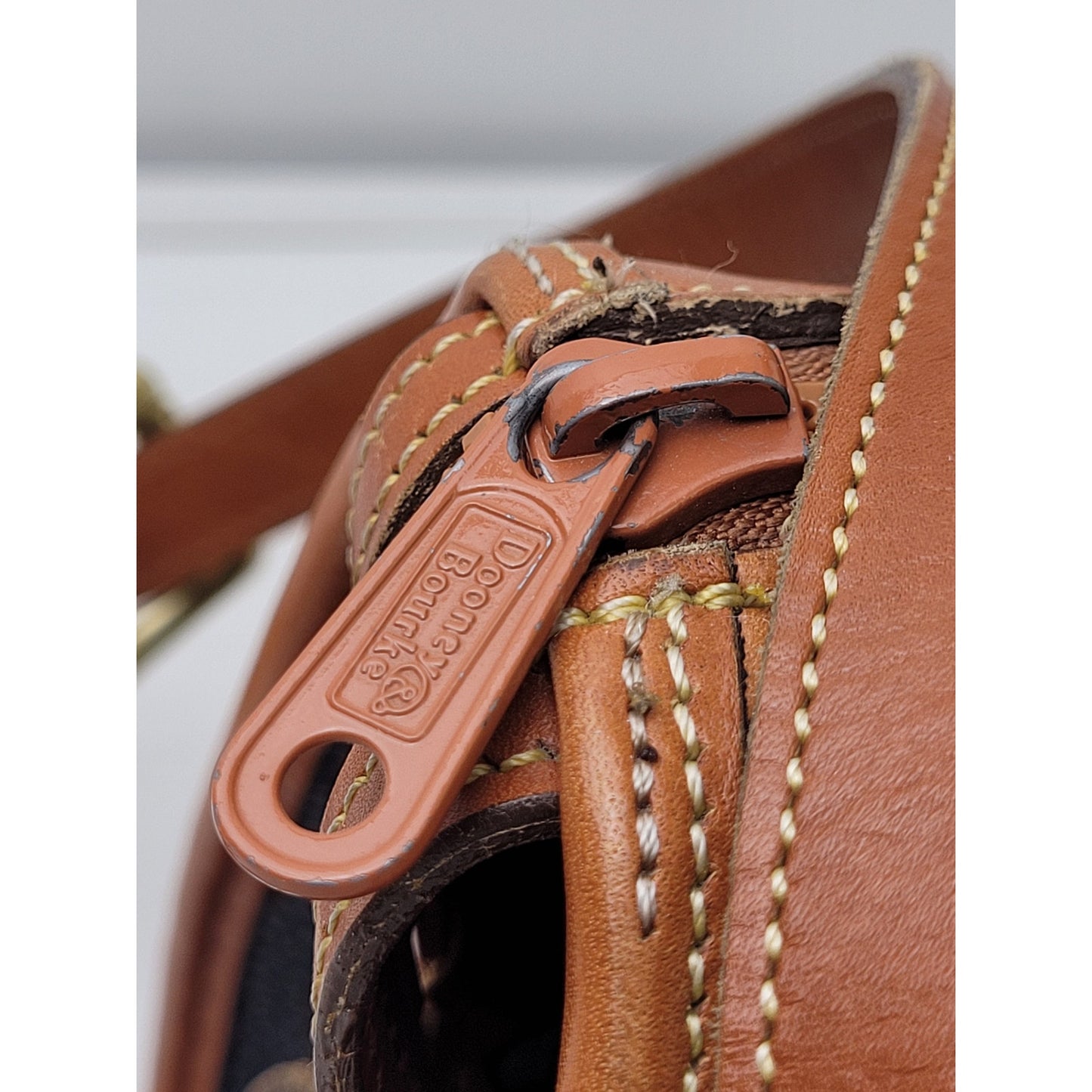 Vintage Dooney & Bourke All-Weather Leather Satchel Navy Blue, Tan, & Brass