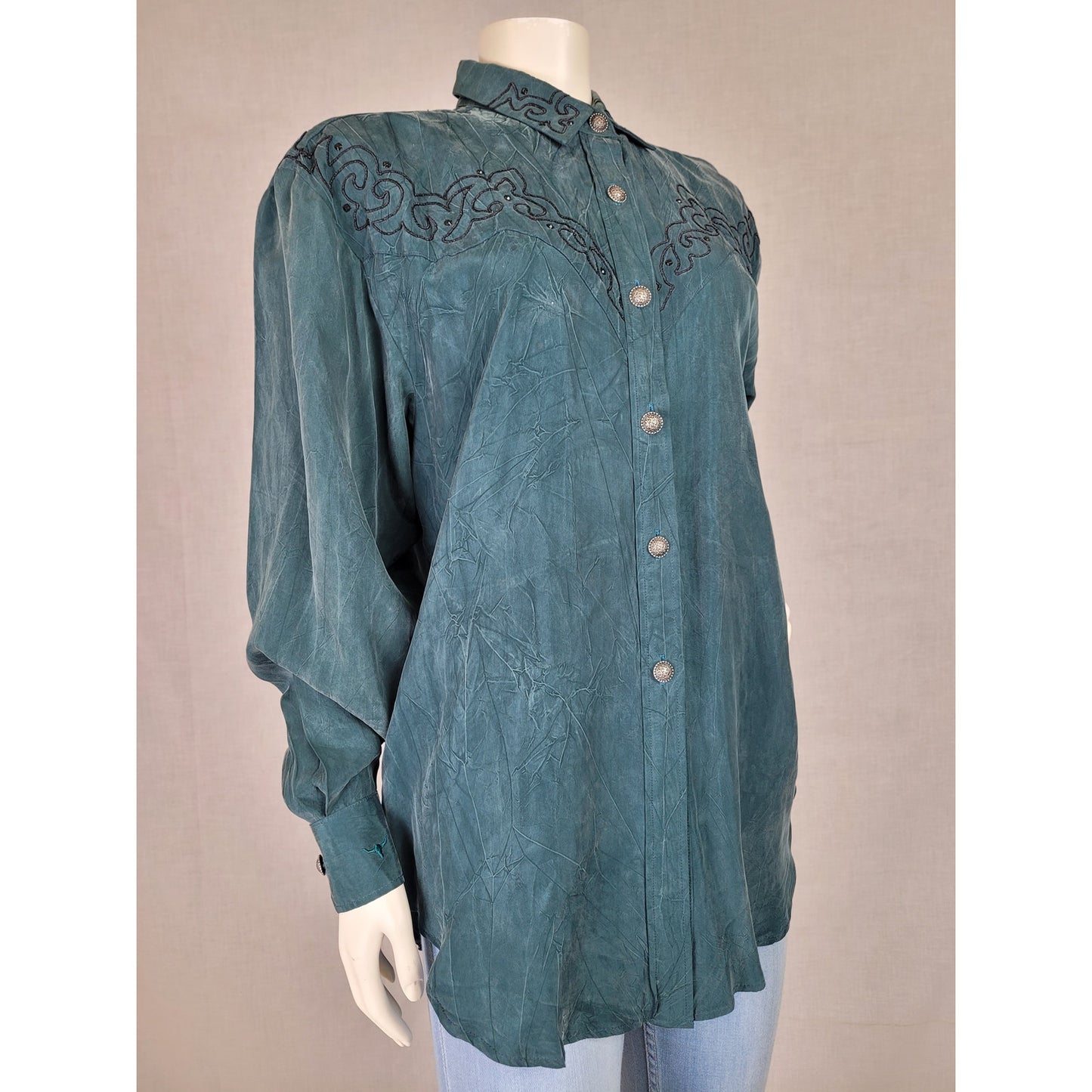 Vintage Rodeo Queen Emerald Green Silky Button-up Blouse with Embroidery Sz M