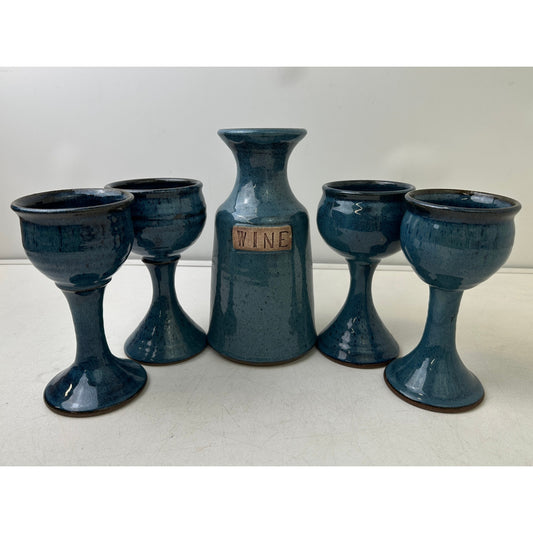 Vintage Creative Stonewear La Mesa USA Blue Hand-Thrown Ceramic Wine Set