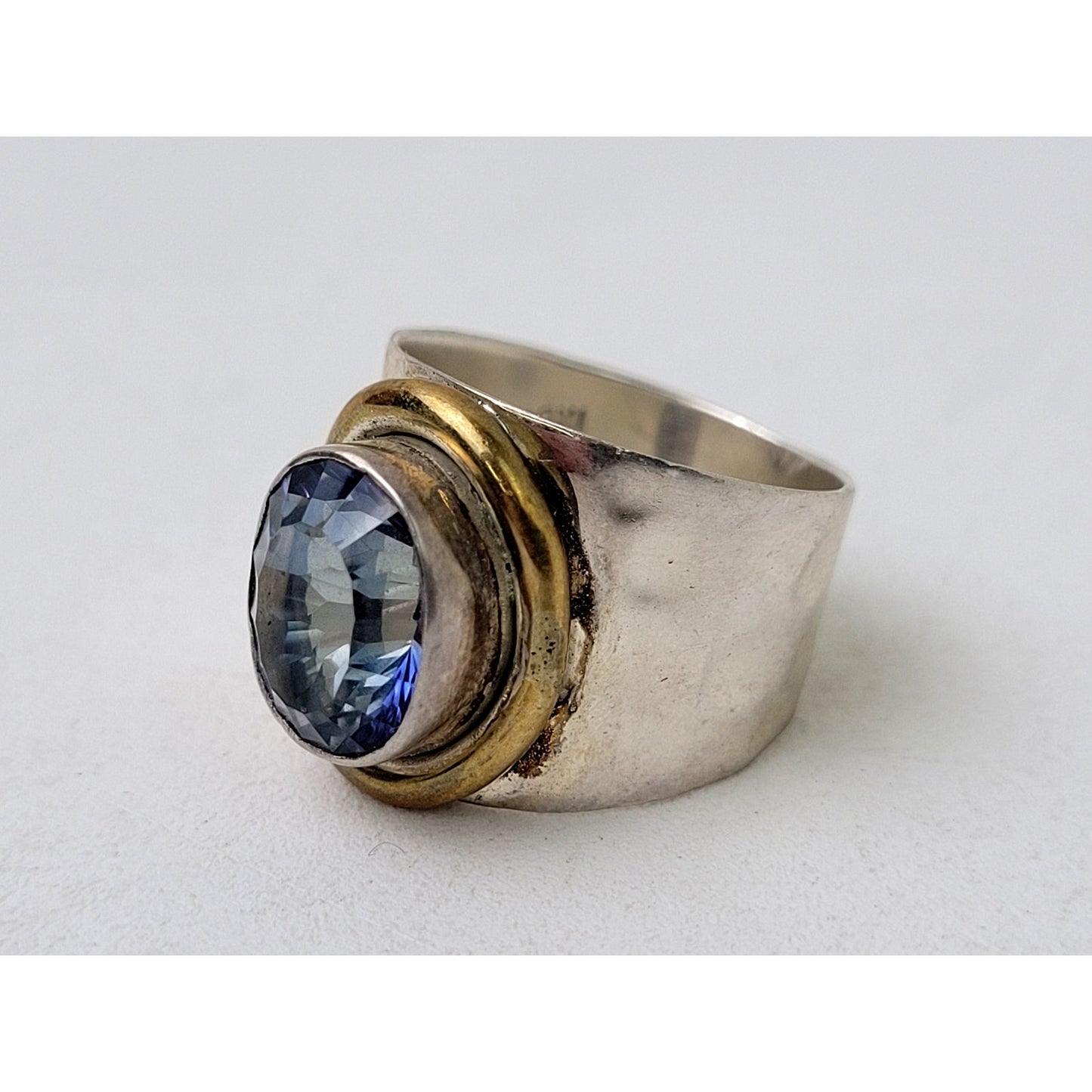 Vintage Large Blue Mystic Quartz Sterling Silver Brass Sz 6.5