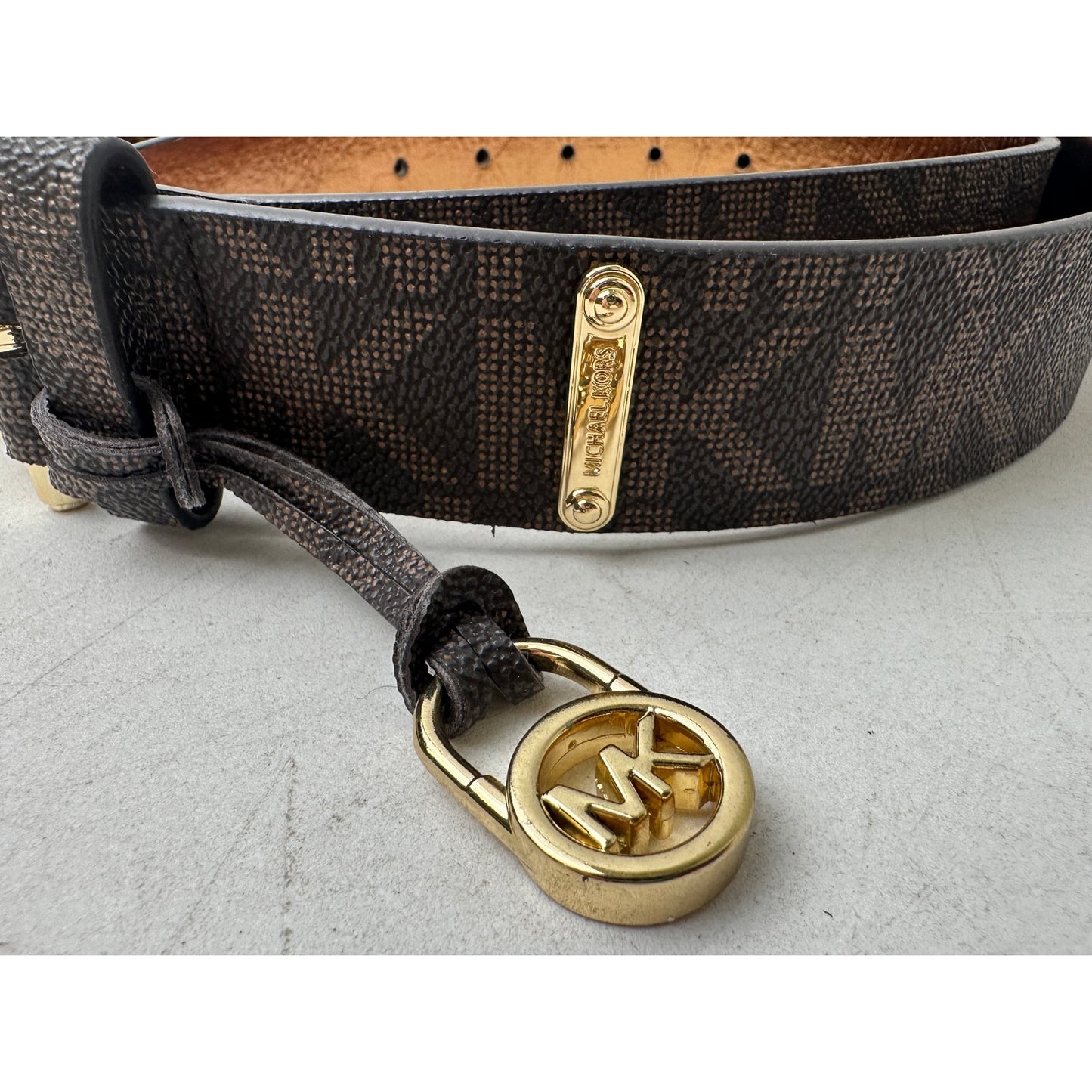 Michael Kors Signature Monogram Brown Belt W/ Gold Hardware Women's Sz L NWT