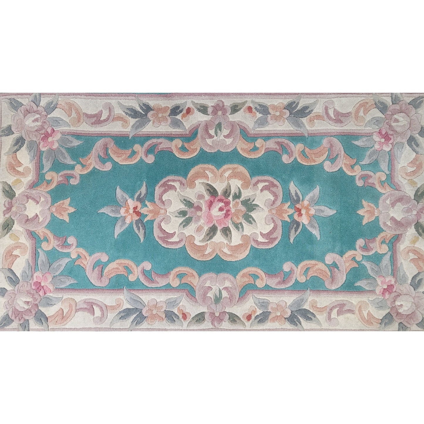 Vintage Aubusson-Style Wool Rug Green w Pink Floral Scrollwork 56" x 27"