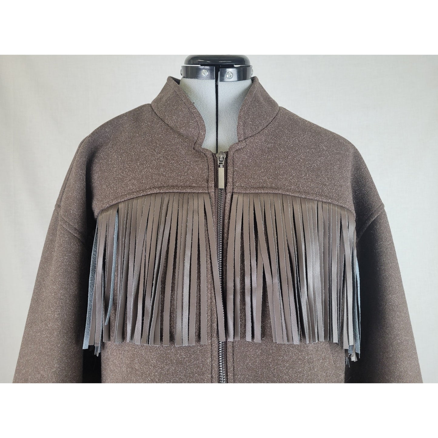 BLANK NYC Anthropologie Brown Cropped Fringe Bomber Jacket Women's Sz L NWT
