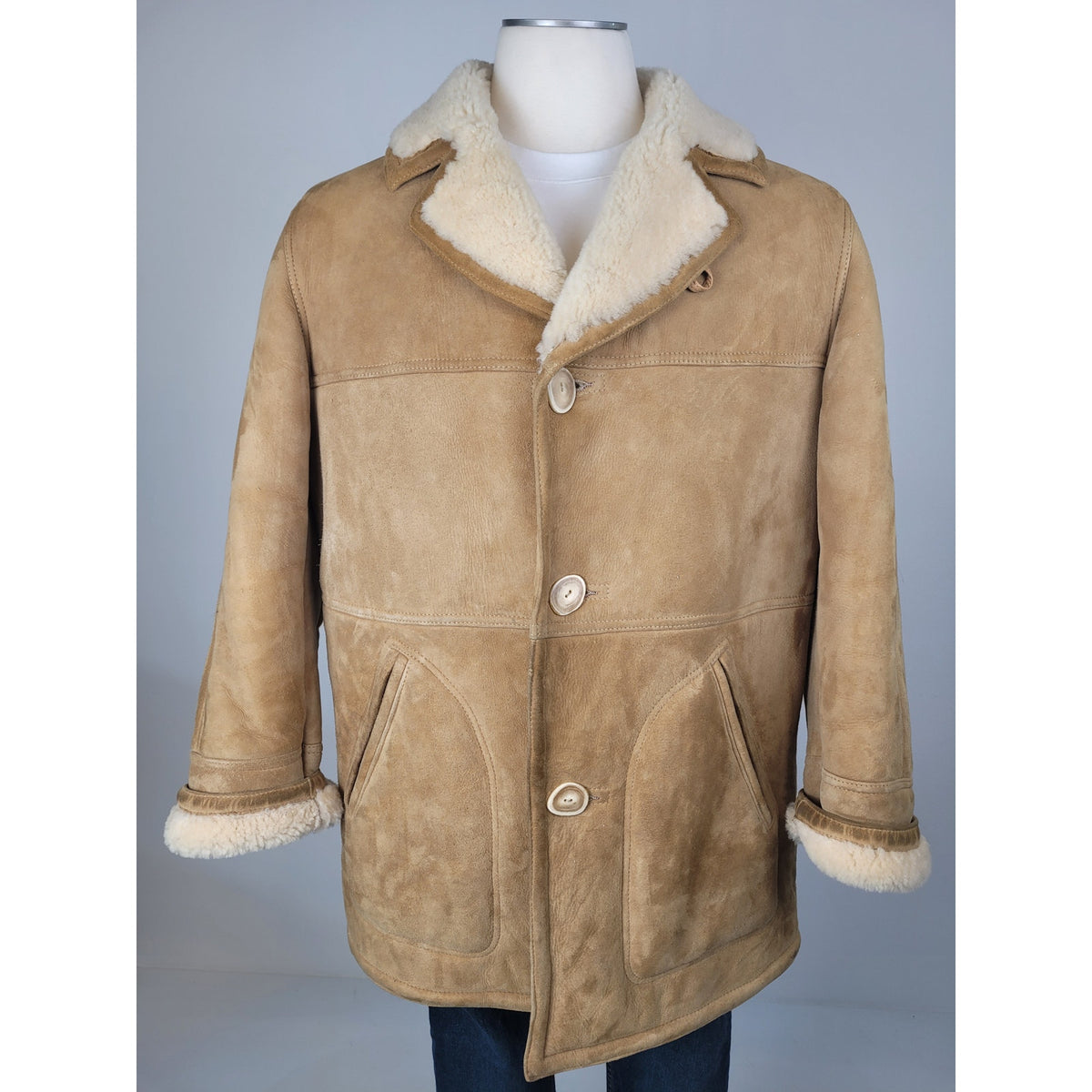 VTG 1970s Knight Tailors Ltd. Light Brown Suede Shearling Coat Men's Sz 46