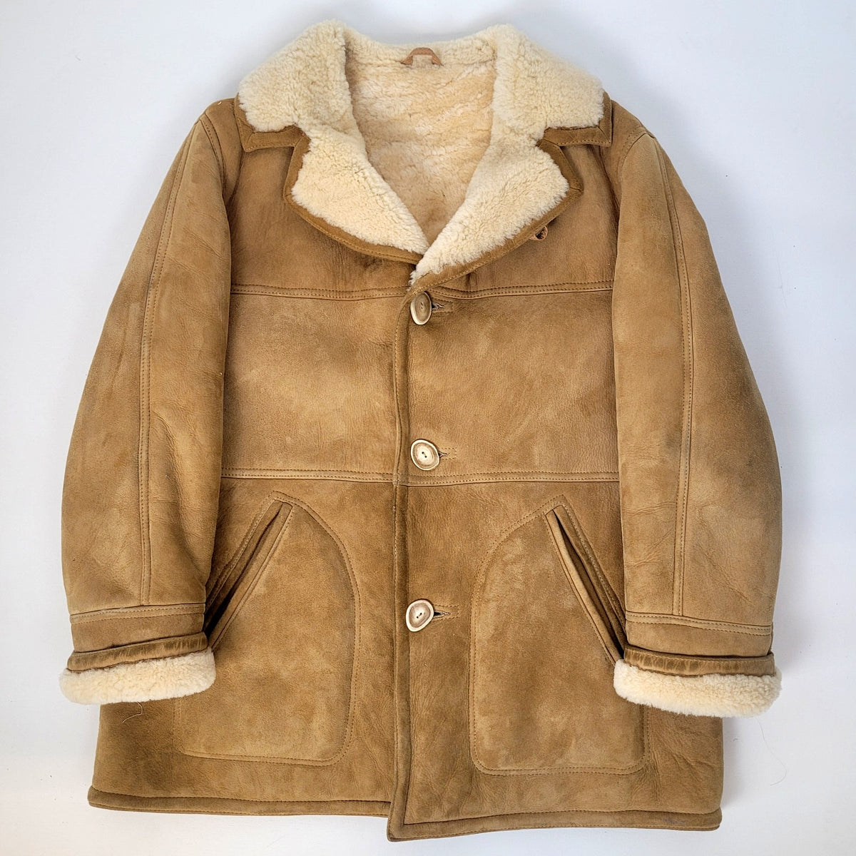 VTG 1970s Knight Tailors Ltd. Light Brown Suede Shearling Coat Men's Sz 46