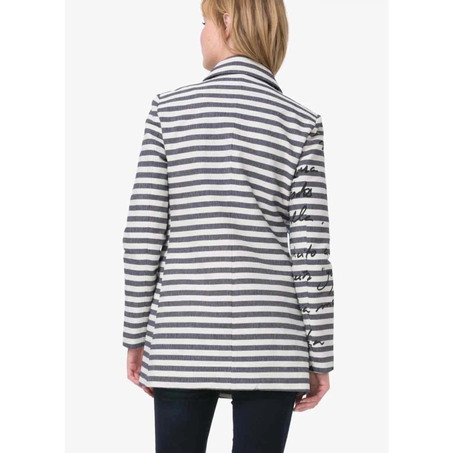 Desigual Mencia Blue & White Striped Double Breasted Blazer Floral Print Sz 38