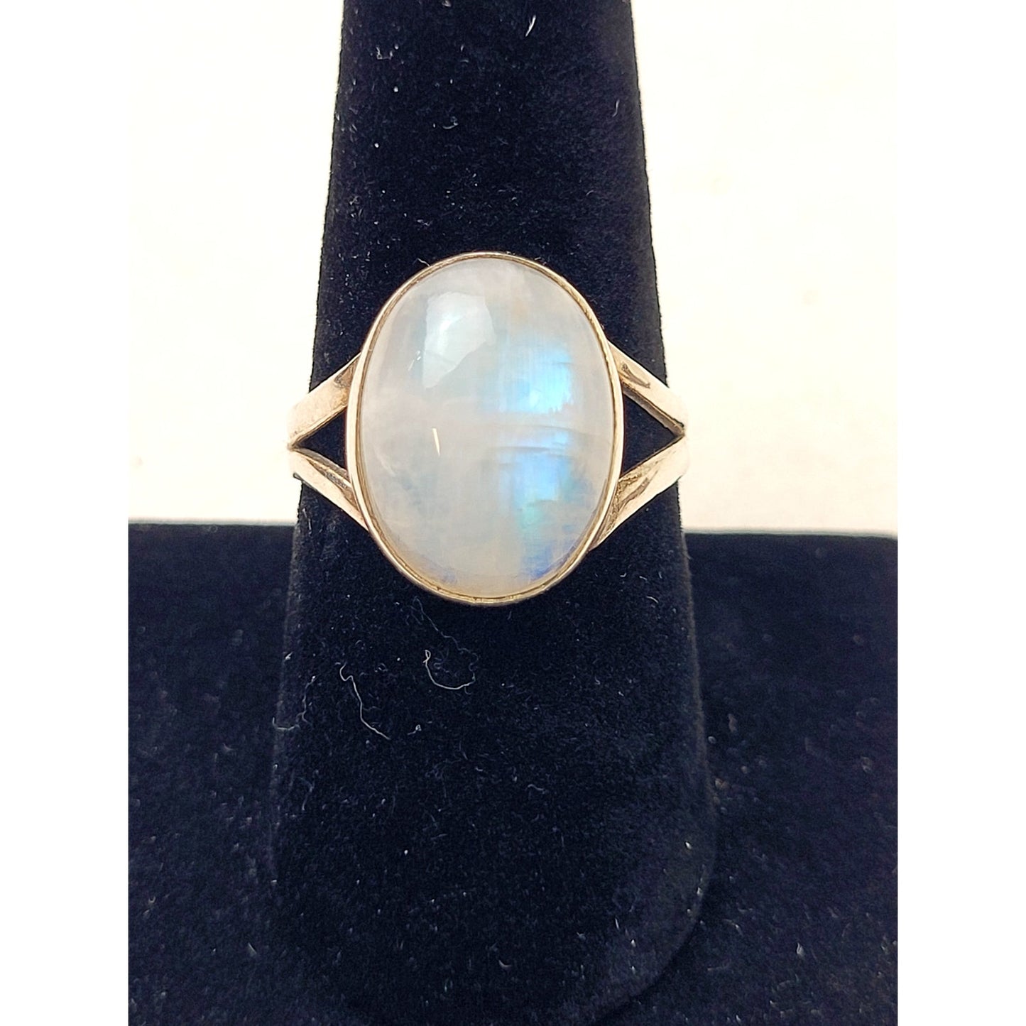 Sterling Silver Rainbow Moonstone Ring Split Shank Design Boho Statement Piece