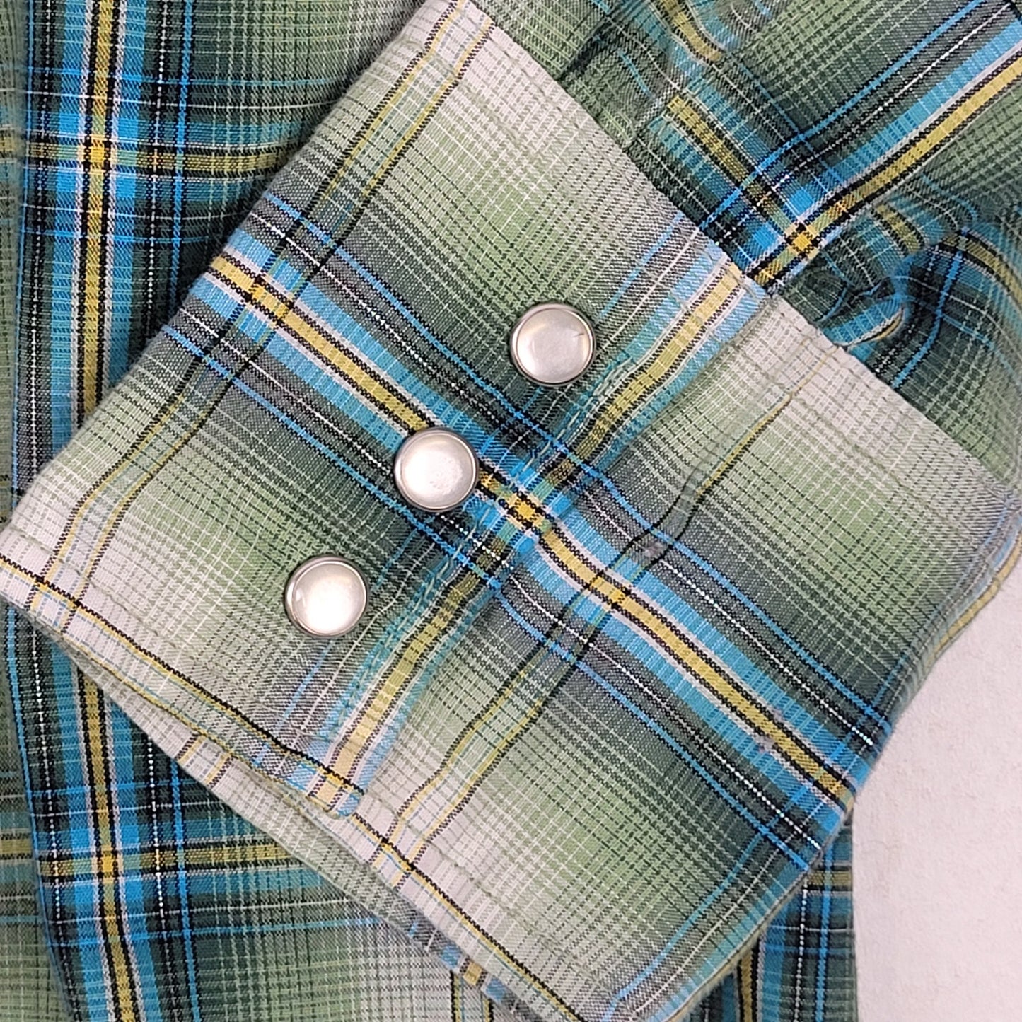 Vintage Wrangler Pearl Snap Green Metallic Plaid Shirt Men's Sz XL