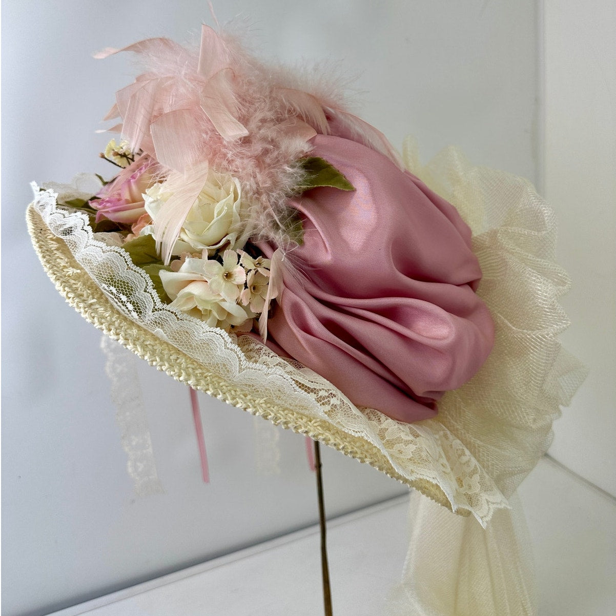 VTG Elsie Massey Originals Pink Floral Wide Brim Victorian Derby Hat