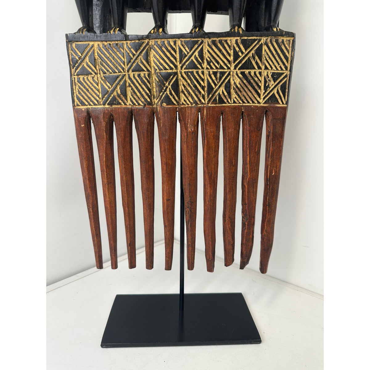 Hand-Carved Wood Triple Ashanti Prestige Comb on Stand