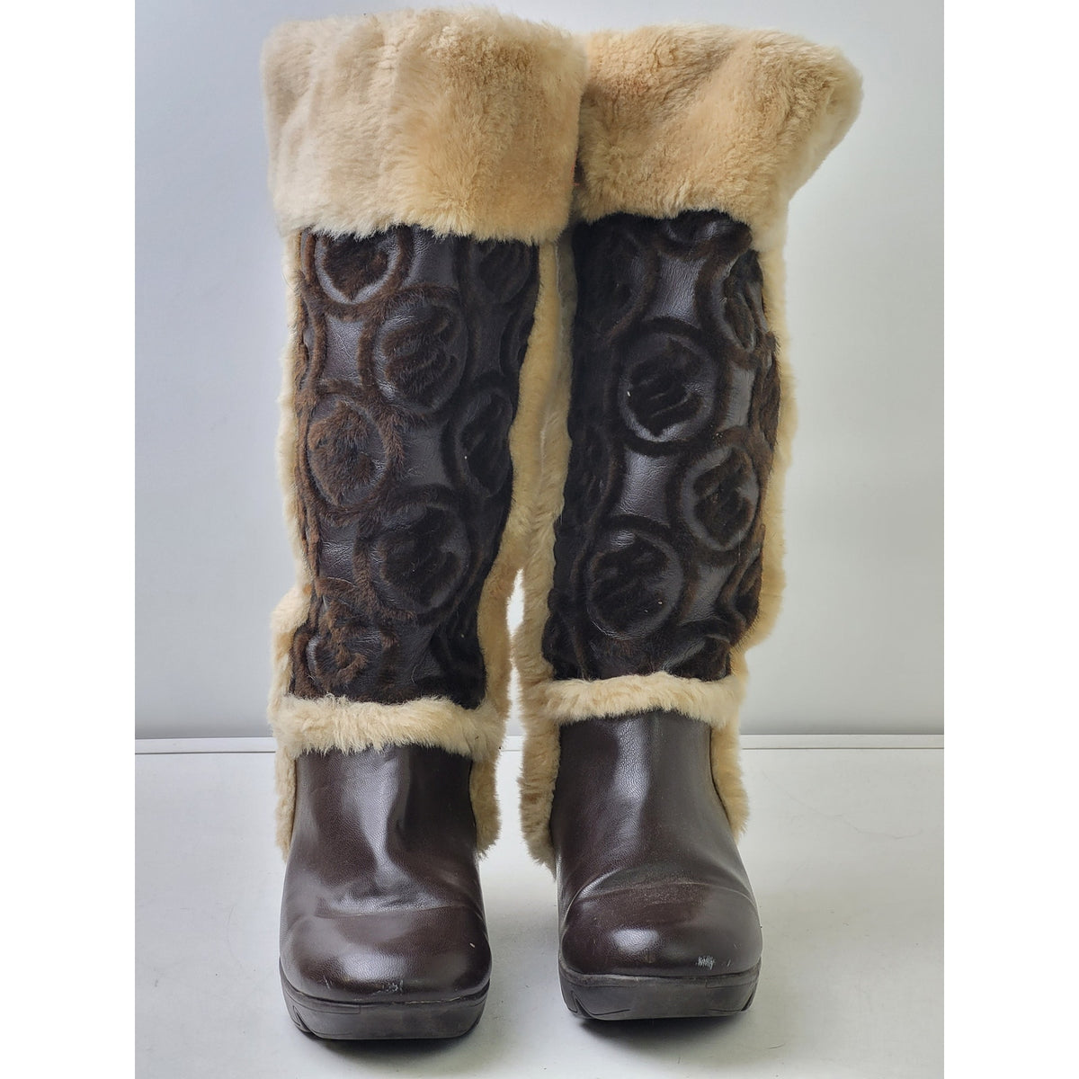 Vintage Y2K Rocawear Faux Fur Knee-High Brown Boots Wedge Heels Sz 8