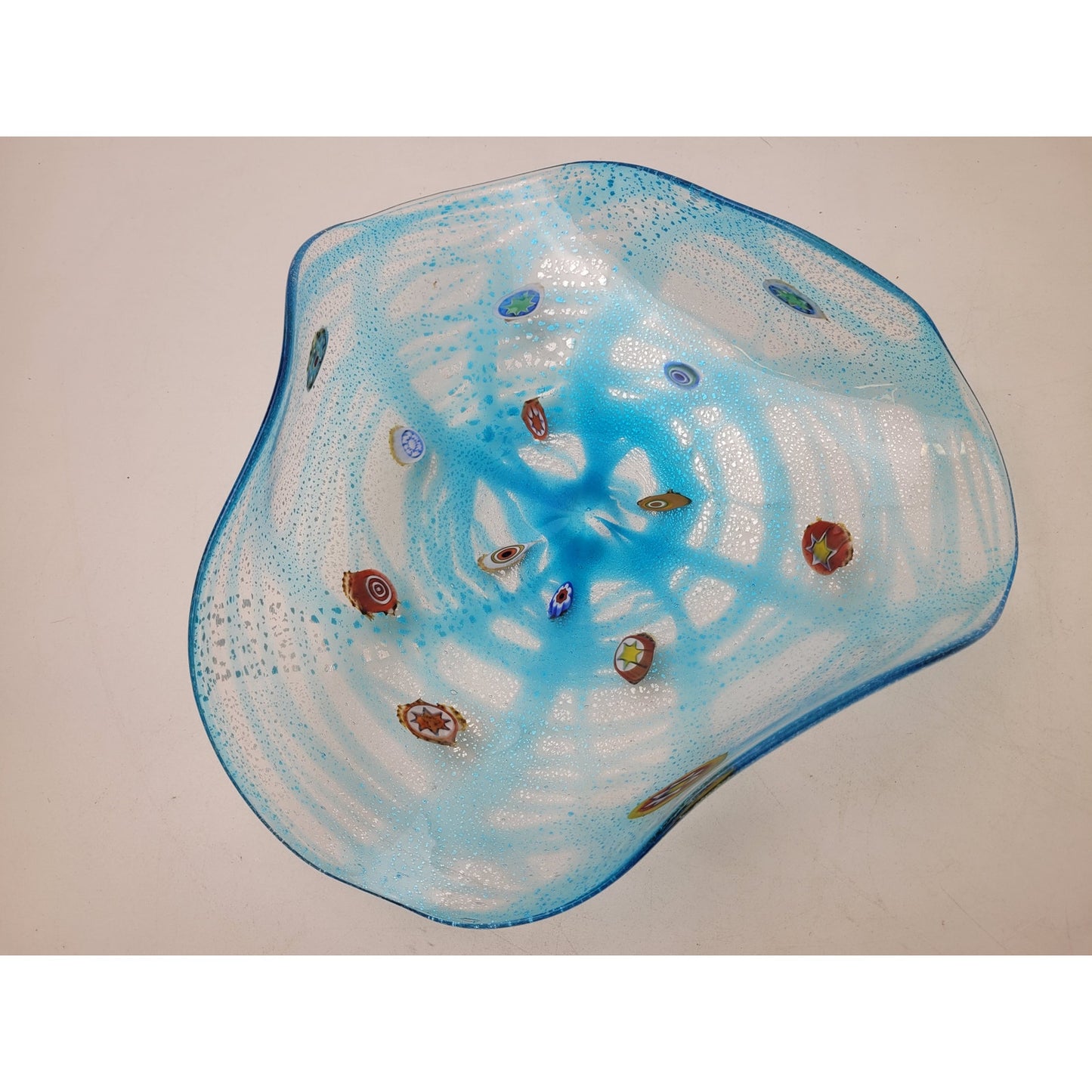 VTG Murano Glass Art Wavy Glass Bowl Light Blue Multicolored 12 1/2"x12 1/2"