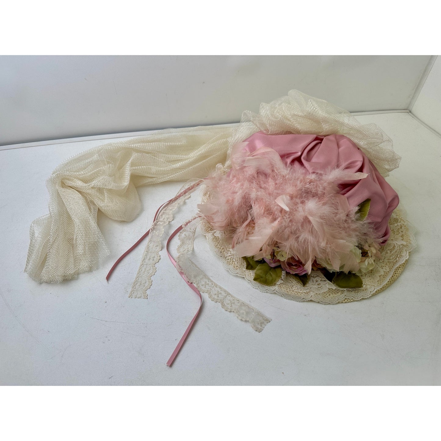 VTG Elsie Massey Originals Pink Floral Wide Brim Victorian Derby Hat