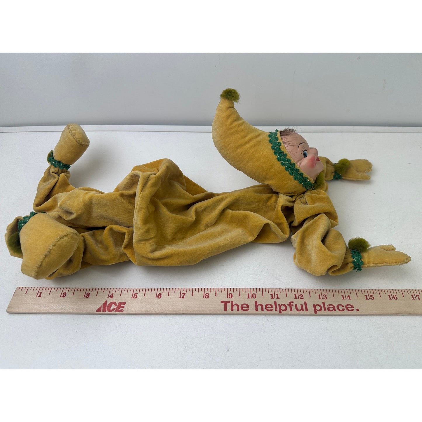 Vintage Yellow Velvet Posable Pixie Jester Boudoir Doll
