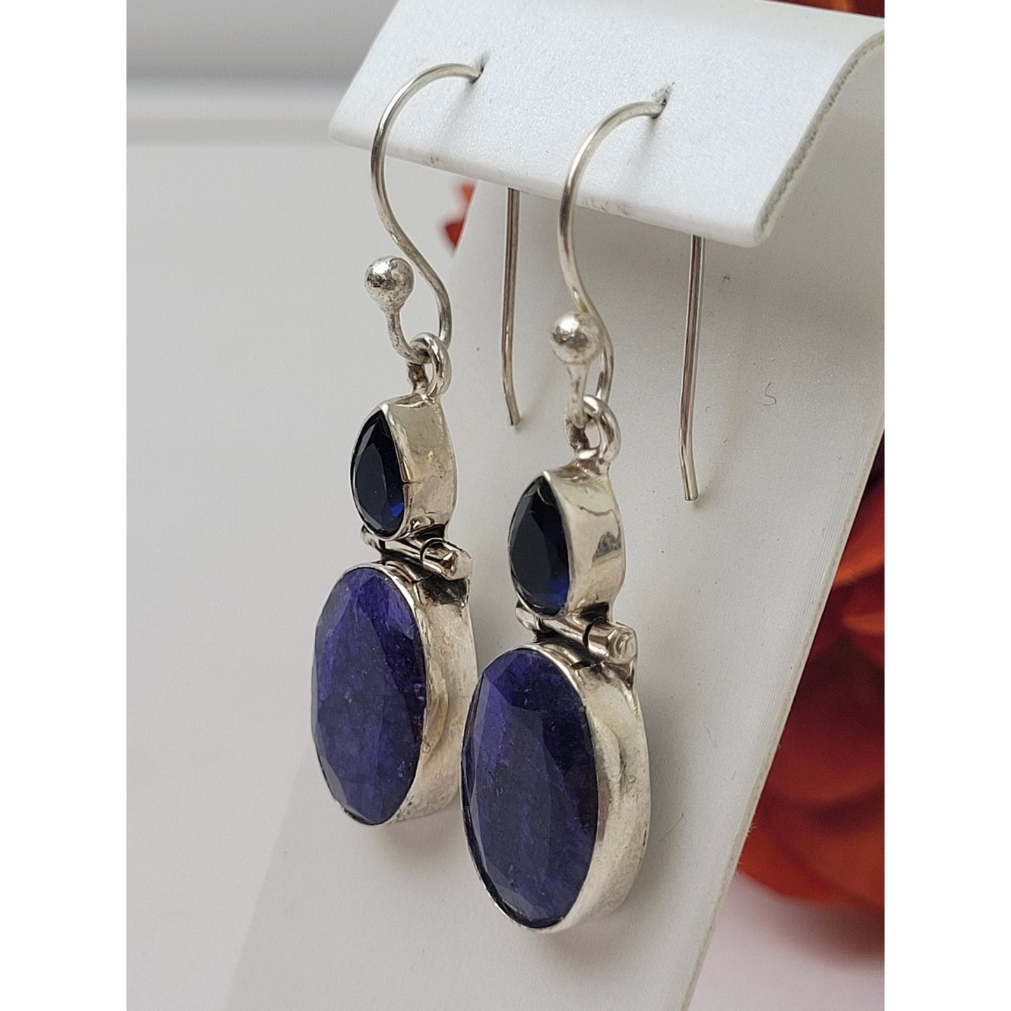 Sterling Silver Sapphire or Lapis & Navy Blue Stone Dangle Earrings 49mm Drop