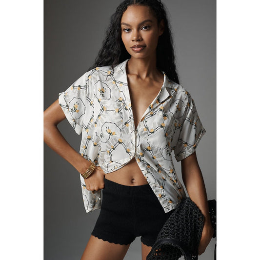 Anthropologie Brenna Short-Sleeved Button-Down Shirt Yellow Green White Sz XL