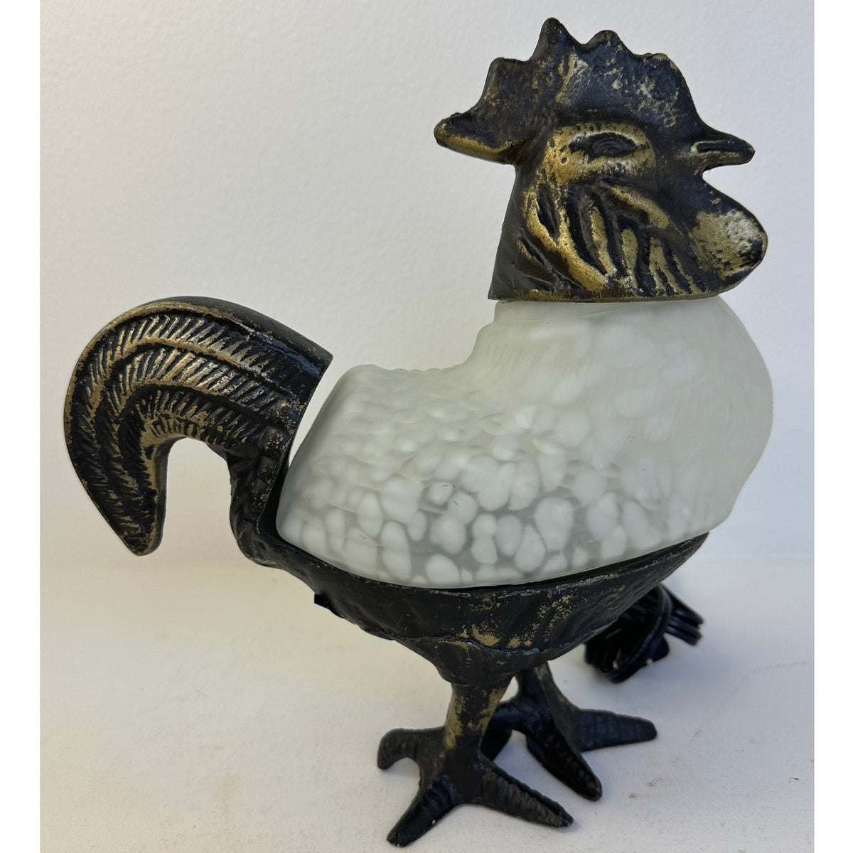 Vintage Metal and Frosted Slag Glass Rooster Accent Lamp