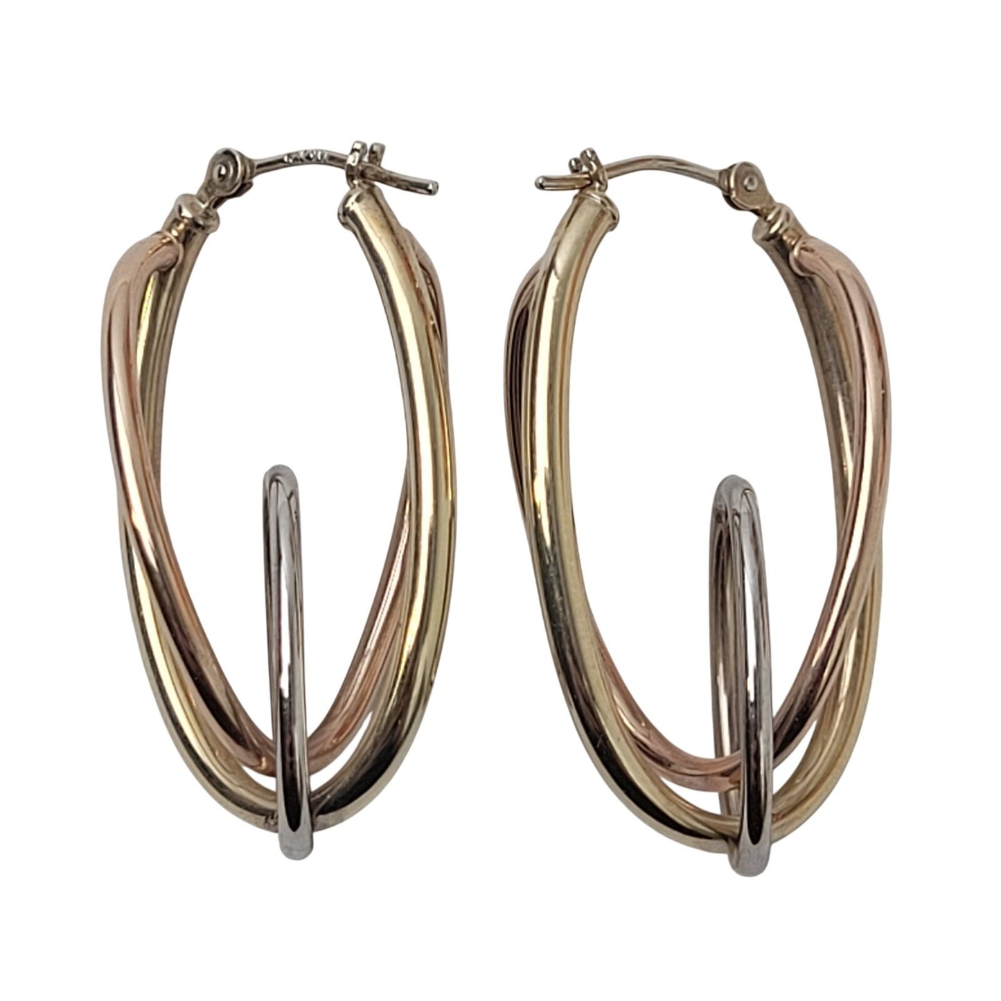 14K Gold Tri-Color Rose Yellow White Multi-Ring Interlocked Hoop Earrings
