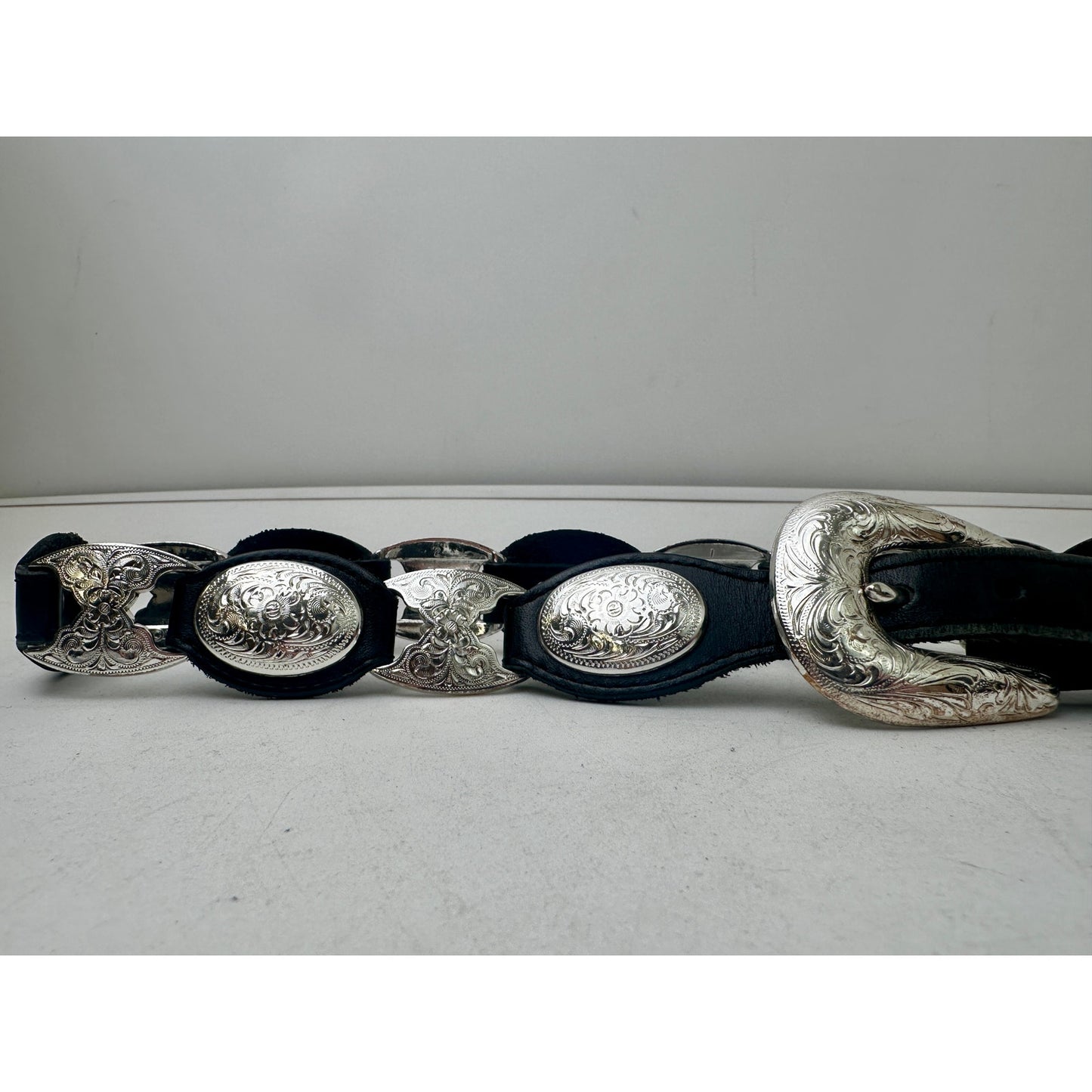 Vintage Tony Lama Black Leather/Silver Tone Western Concho Belt Sz 34