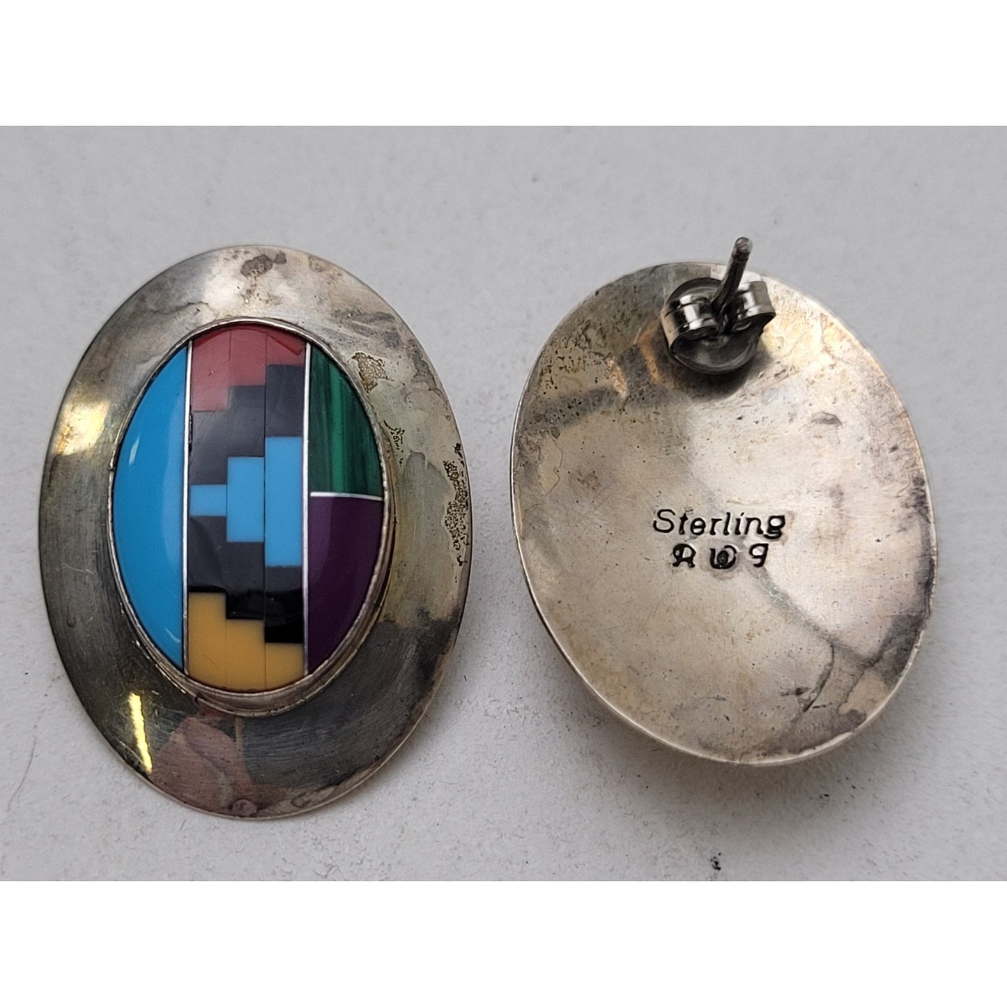 Vintage Native American Multi-Stone Inlay Sterling Silver Post Earrings