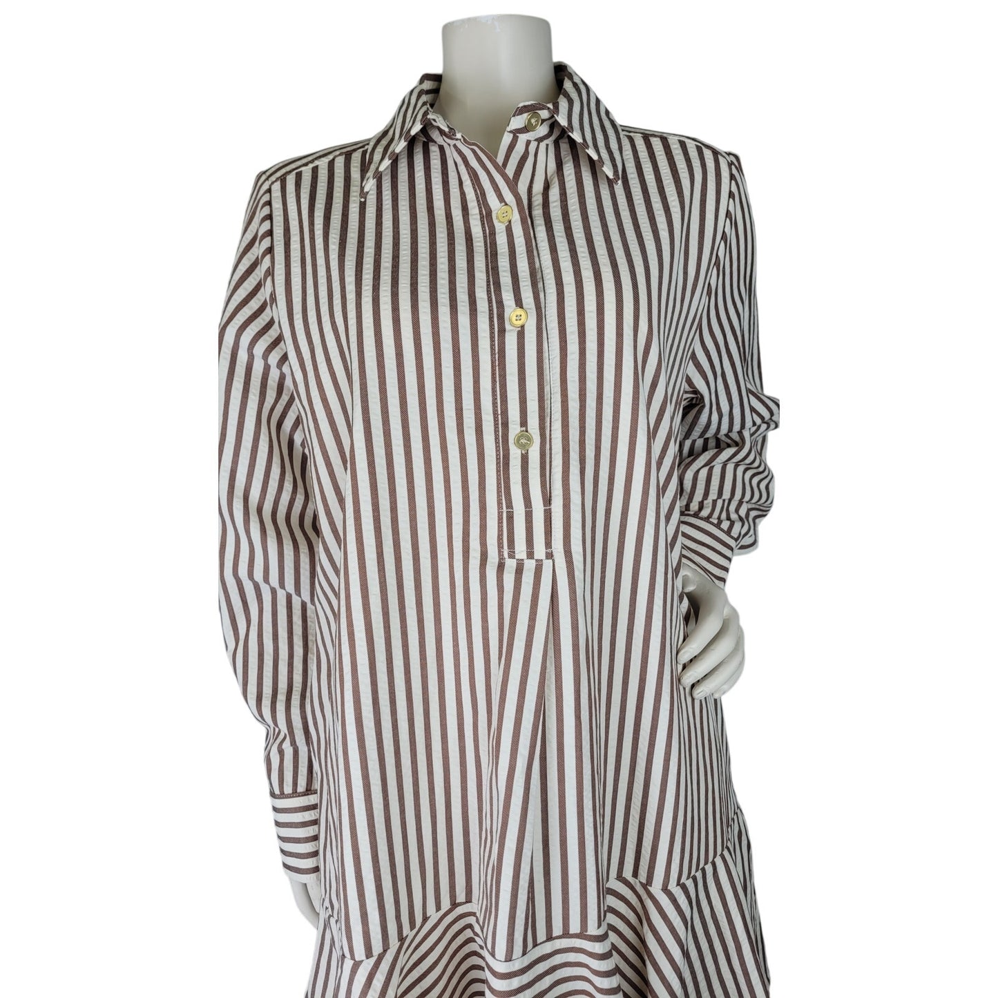 Entro Brown & White Striped Ruffled Hem Collared Shirt Dress Mini Sz M