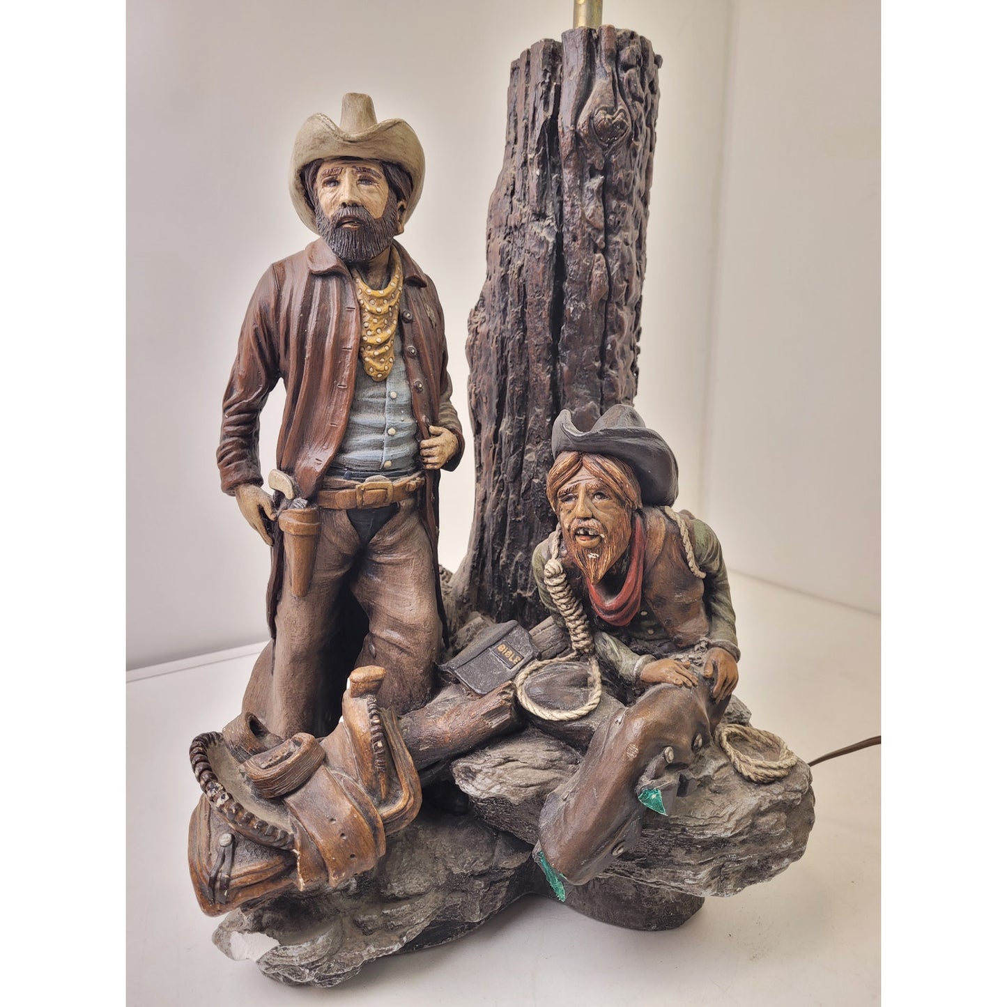 Vintage Apsit Bros Cali Western Cowboy Outlaw Chalkware Table Lamp & Shade