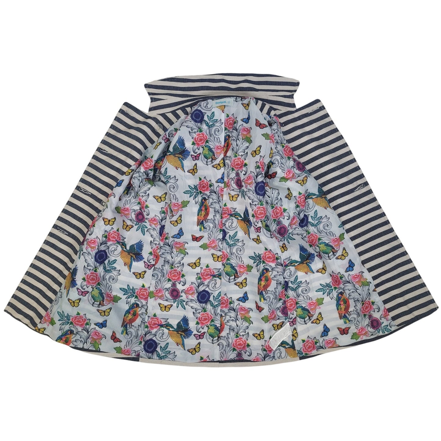 Desigual Mencia Blue & White Striped Double Breasted Blazer Floral Print Sz 38