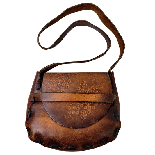 1970s Handmade Tooled Leather Brown Mini Messenger Bag