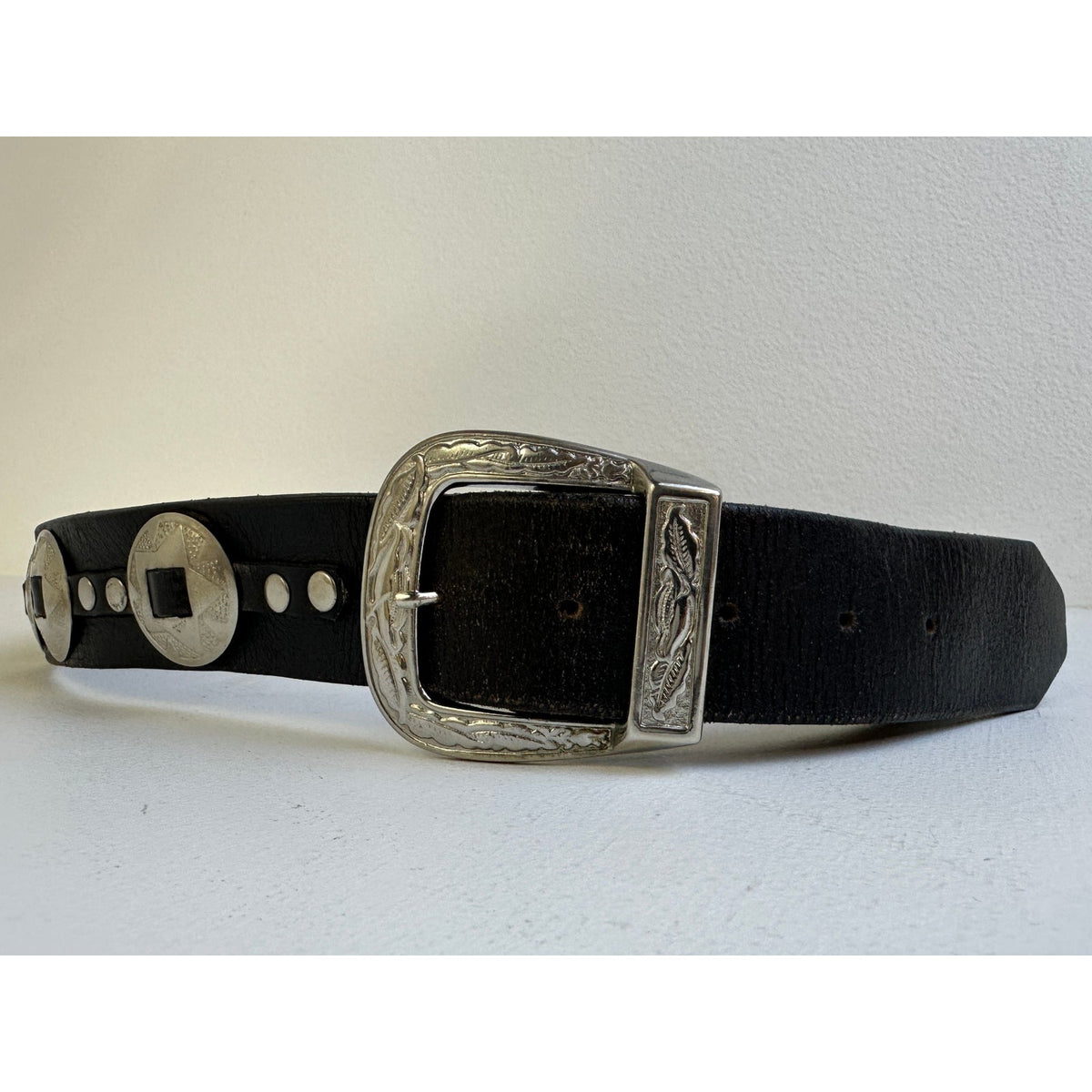 Vintage Black Leather Star Concho Belt Made in USA