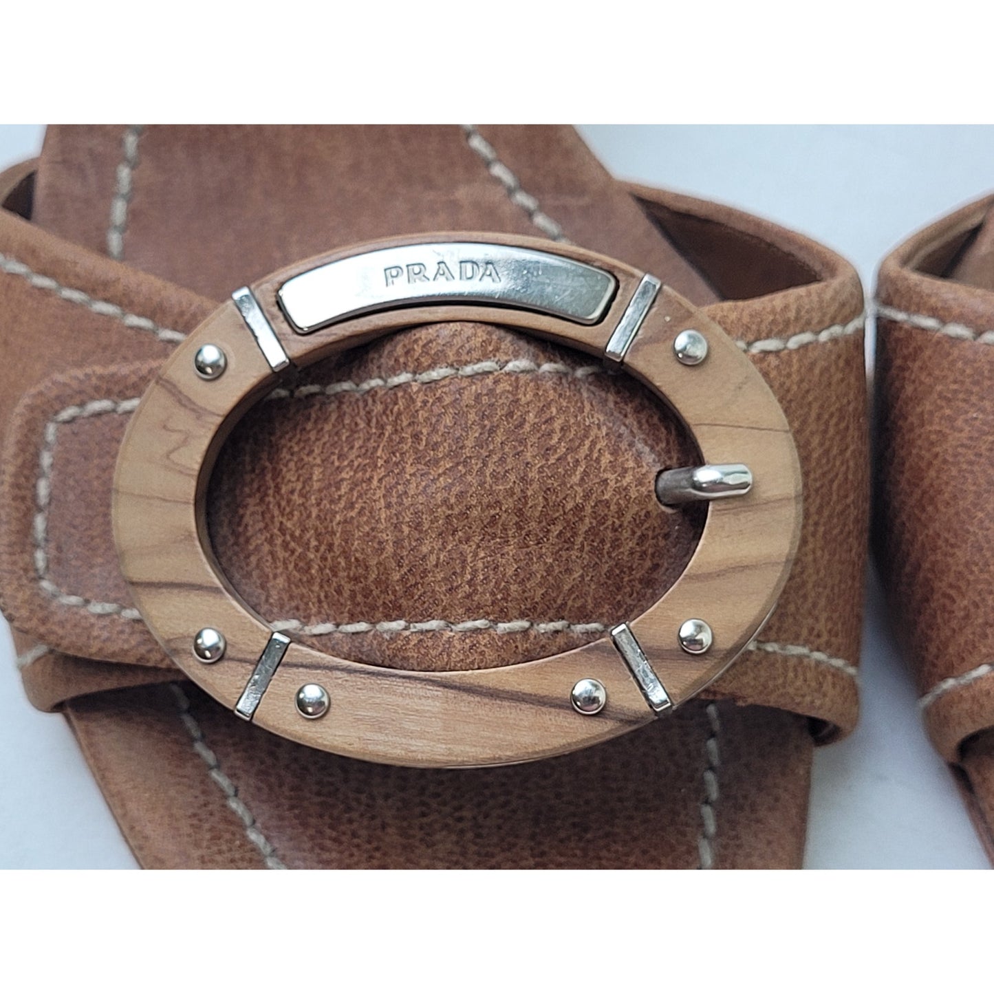 PRADA Leather Mules 3" Heeled Sandals w Wooden Buckle Sz EU 37 / US7