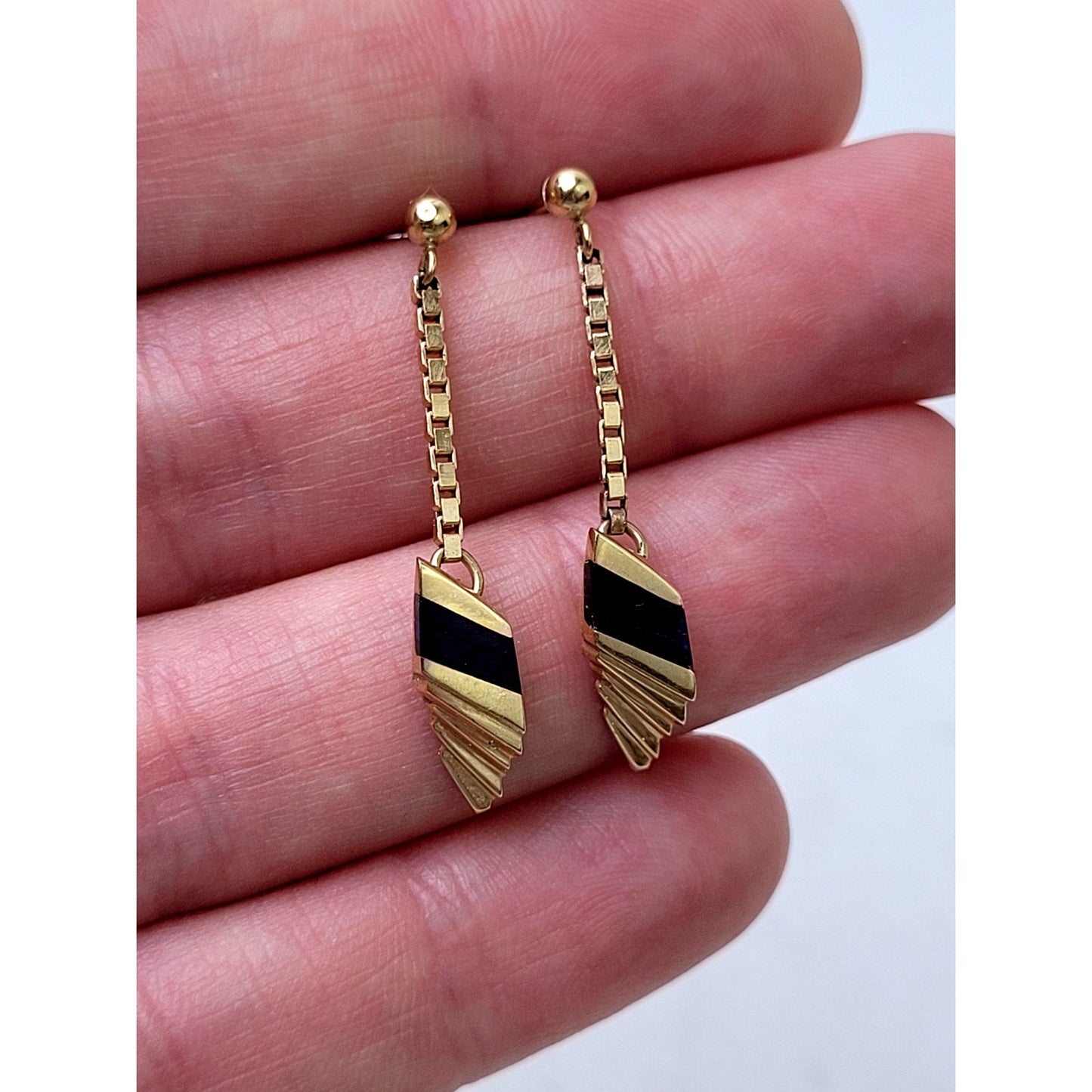 Vintage 14K Yellow Gold Modernist Dangle Earrings Geometric Design Lapis Stone