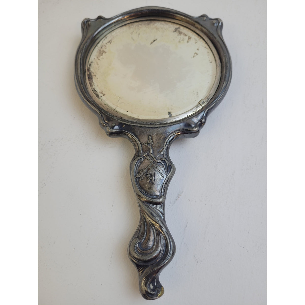 Antique Art Nouveau Silver-Plated Hand-Held Vanity Mirror Cupid & Arrow Design