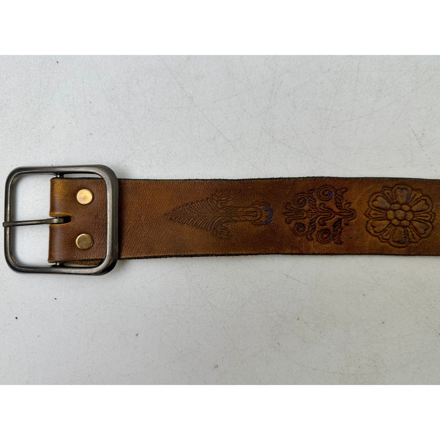 Vintage Levi's Orange Tab Floral Tooled Hand Stained Latigo Leather Belt Sz 34