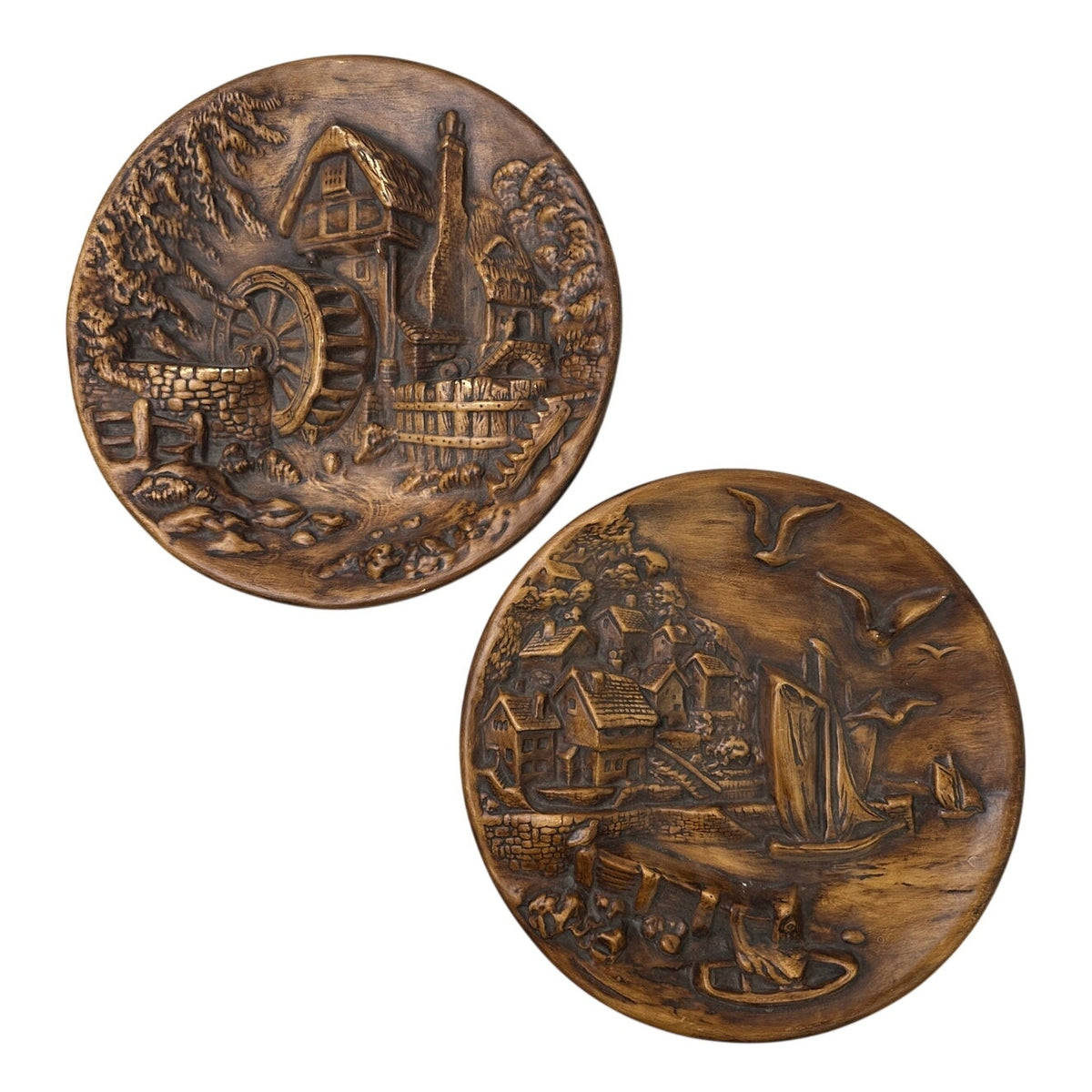 Vintage 3D Chalkware Seaport and Watermill Wall Plaques | Set of 2