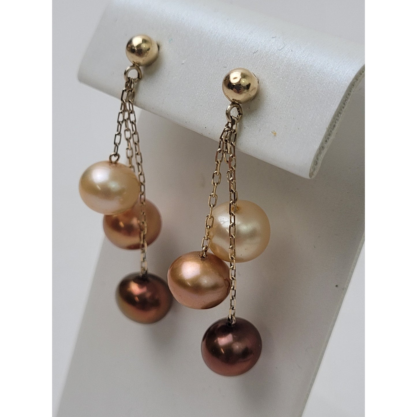 VTG 14K Yellow Gold Three Strand Genuine Pearl Drop Dangle Earrings