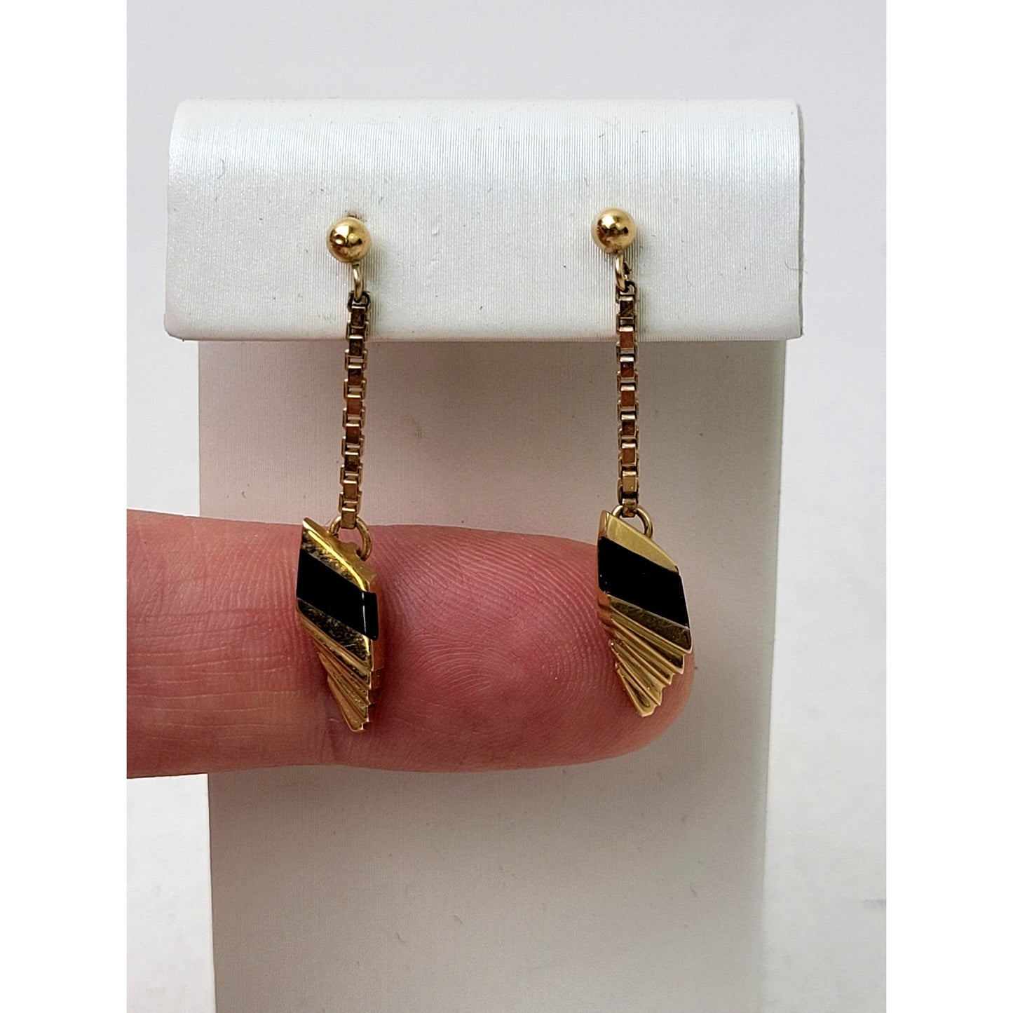Vintage 14K Yellow Gold Modernist Dangle Earrings Geometric Design Lapis Stone