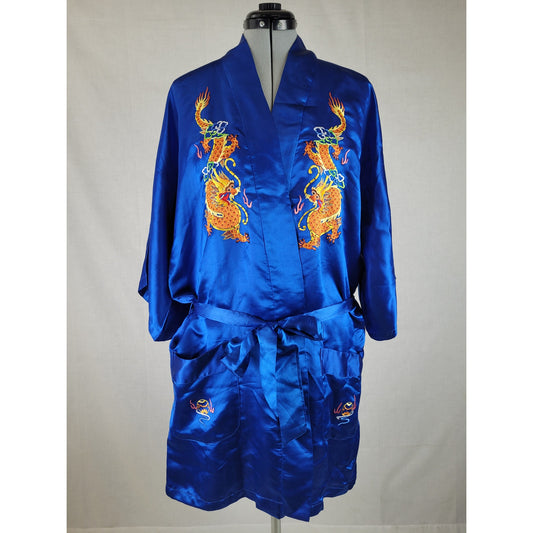 Vintage Pearls Brand Gold Dragon Embroidered Blue Silk Robe w Belt Sz S/M