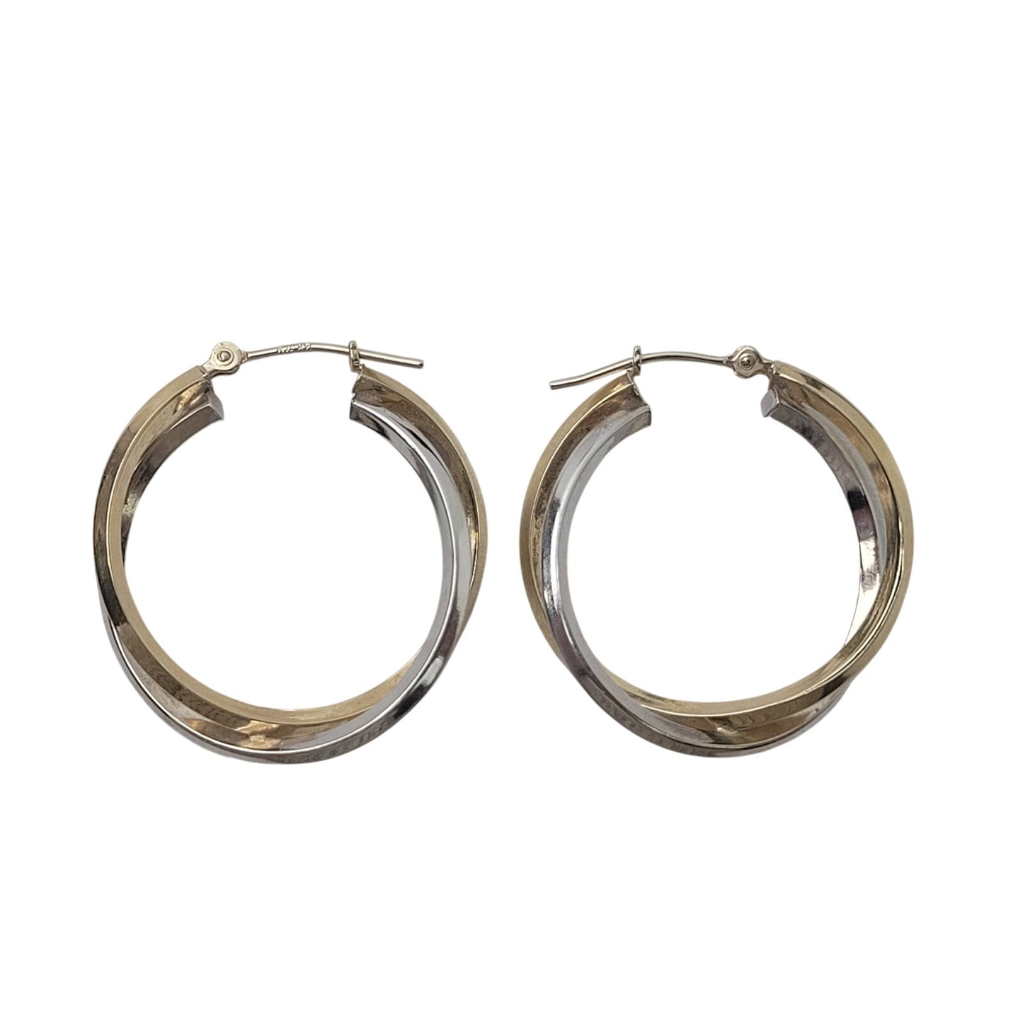 14K Yellow & White Gold Twisted Layered Overlapping Hoop Earrings | 1" Diameter