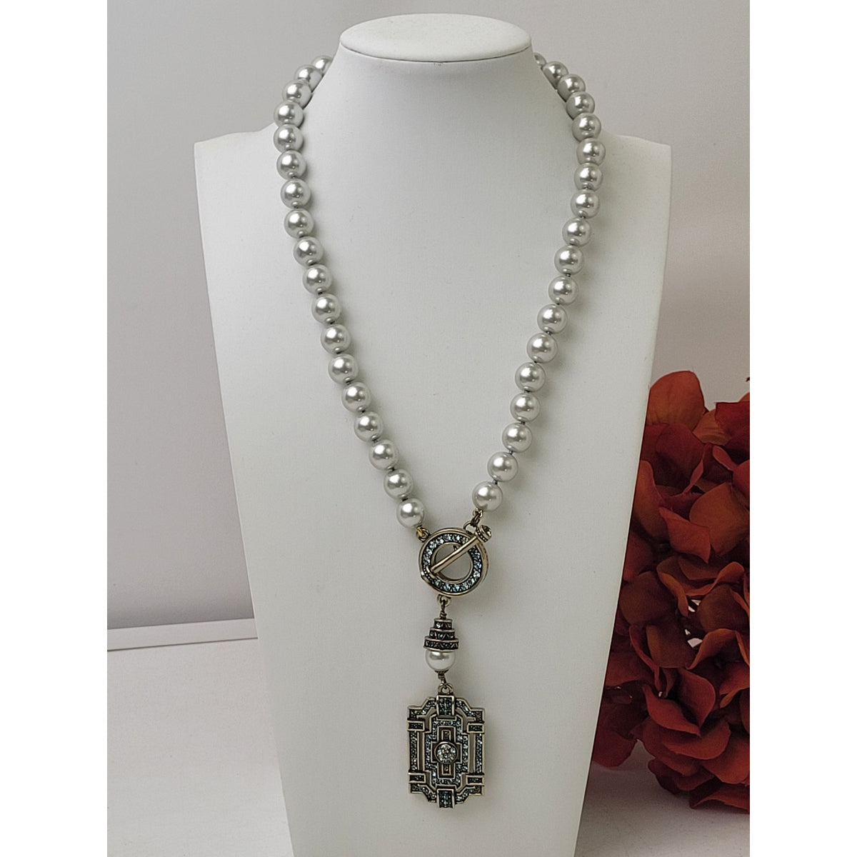 Heidi Daus Classic Edition Art Deco Crystal Necklace Toggle Clasp Faux Pearls