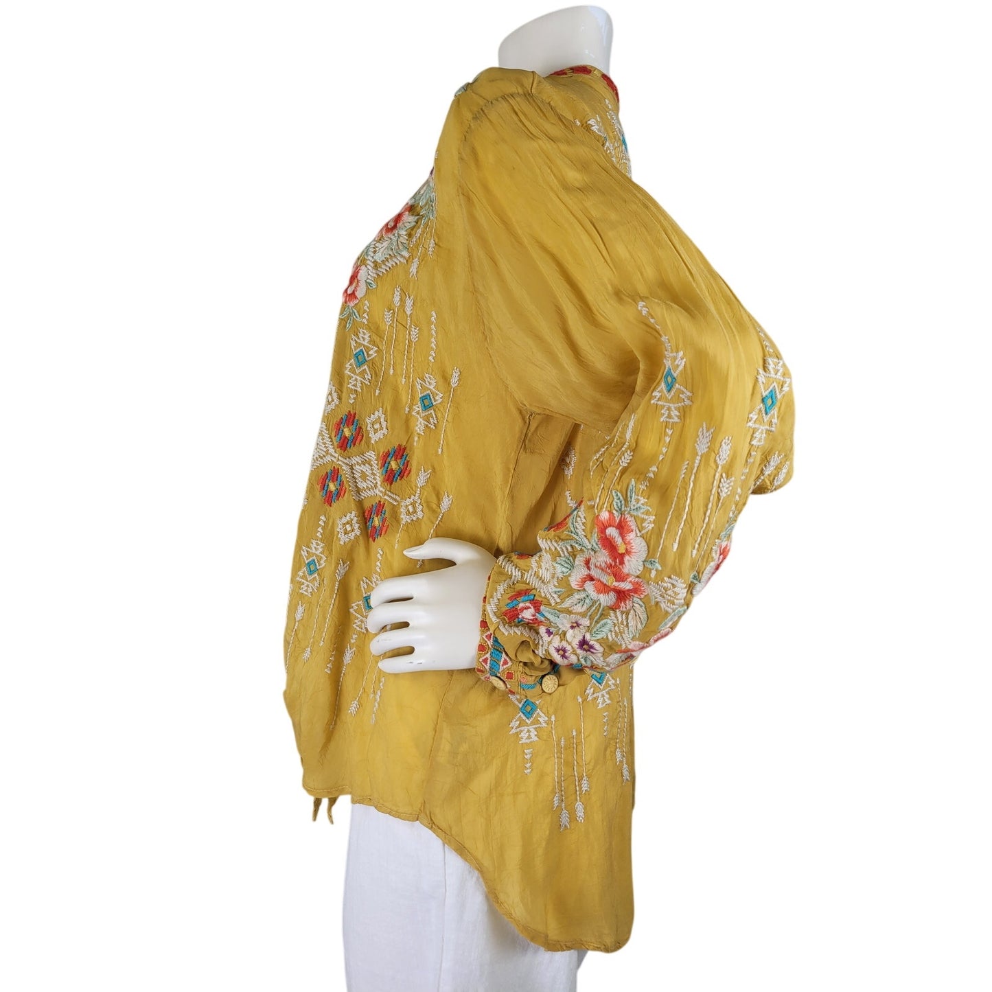 Johnny Was Donya Top Featuring Intricate Embroidery Detail & Tie-Front Sz M