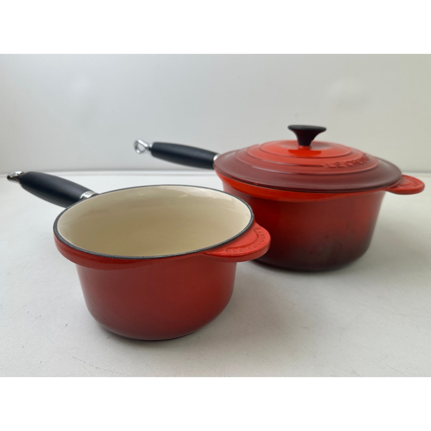 Vintage Le Creuset Red Enamel Cast Iron Saucepan Set
