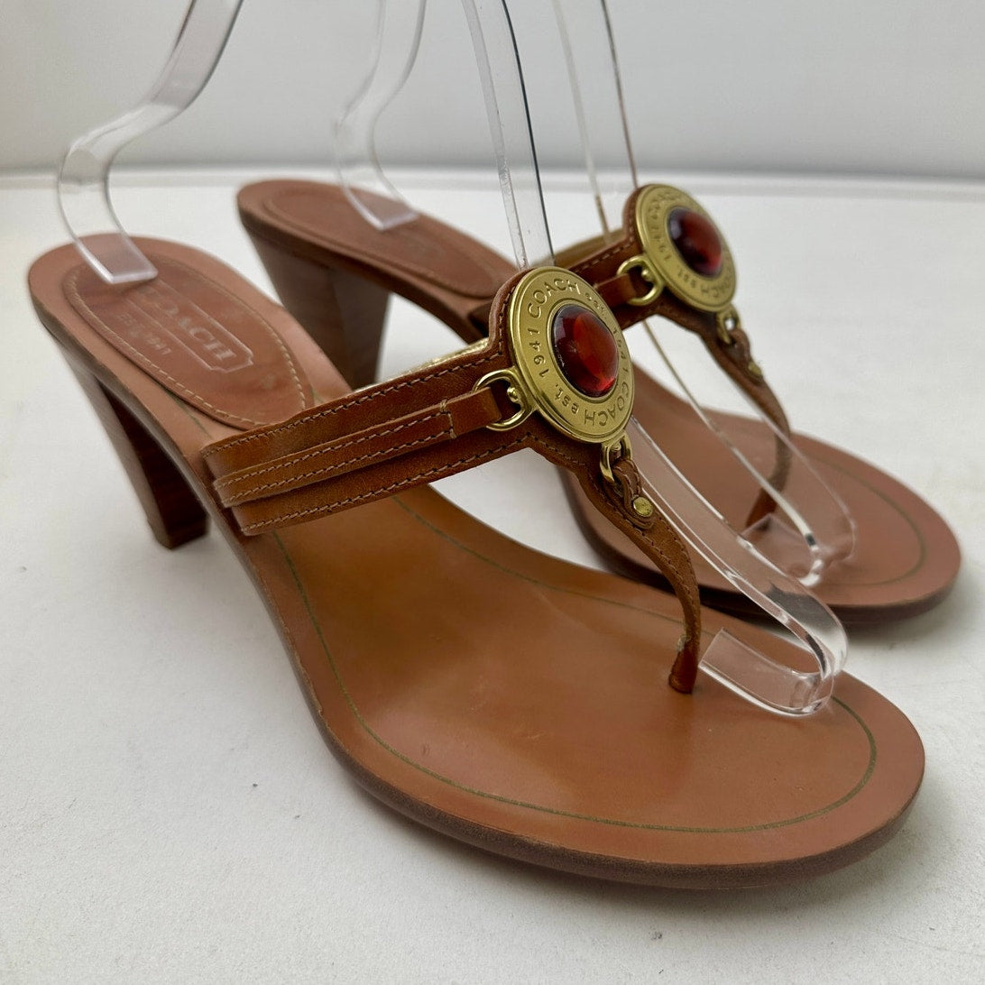 Vintage Coach Leather Kitten Heel Thong Sandal with Amber Medallion Women's Sz 9