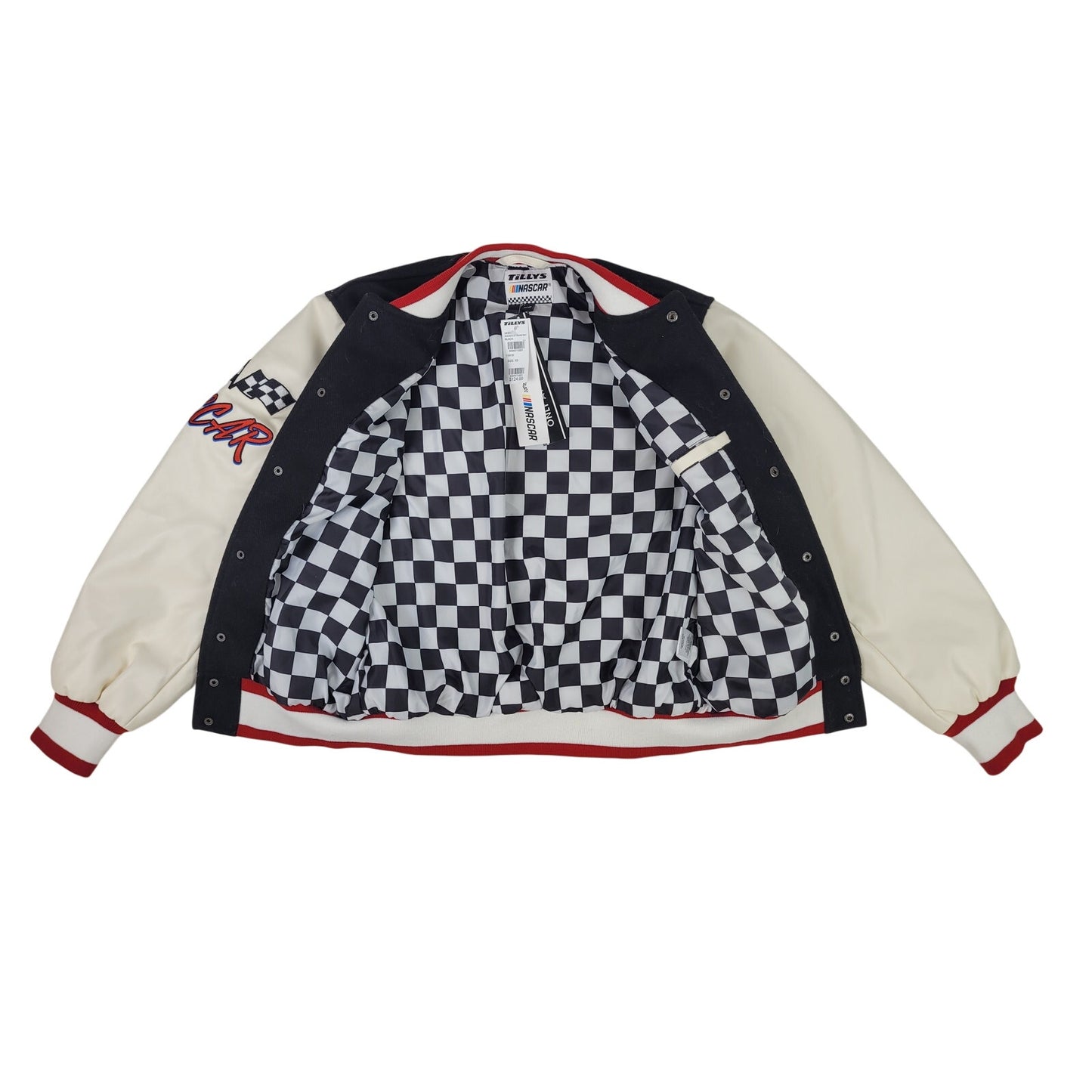 Tillys NASCAR Racing Since '48 Varsity Jacket Black & White Faux Leather Sz XS